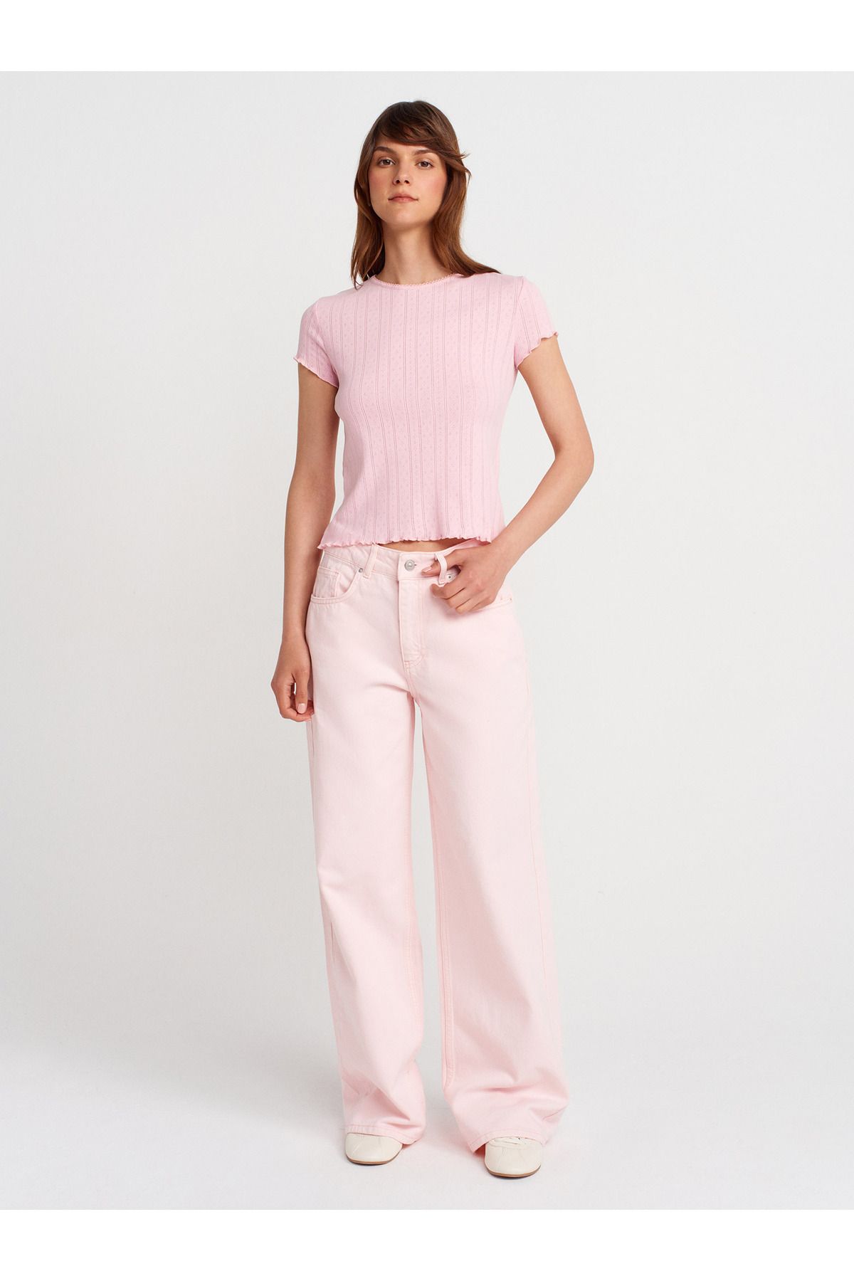 Dilvin 71994 Parçaboya Wideleg Denim Pantolon-Pembe