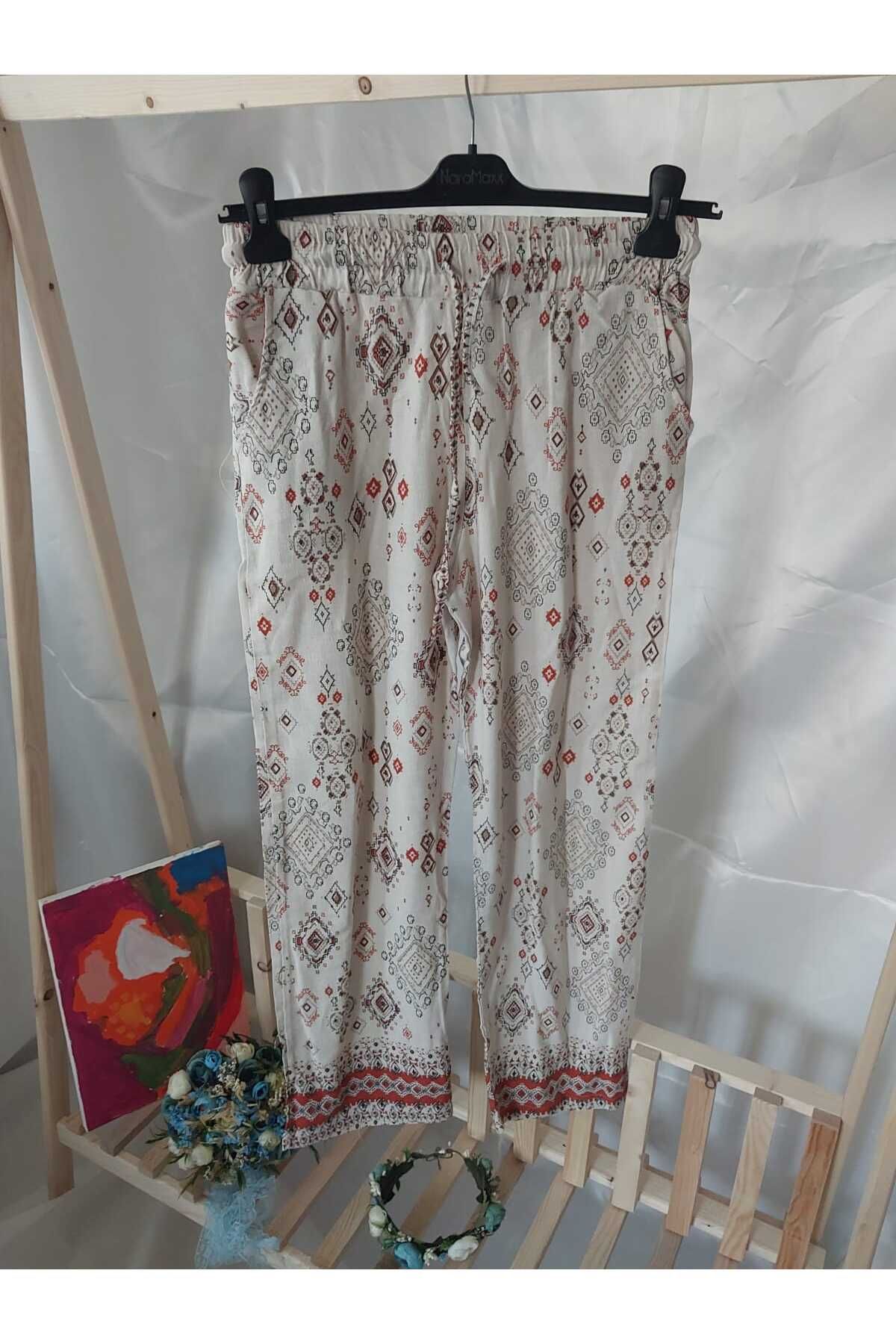 aryam butik Kadın Yüksek Bel Otantik Desenli Bol Kesim Yazlık Salaş Cepli Viskon Keten Pantolon