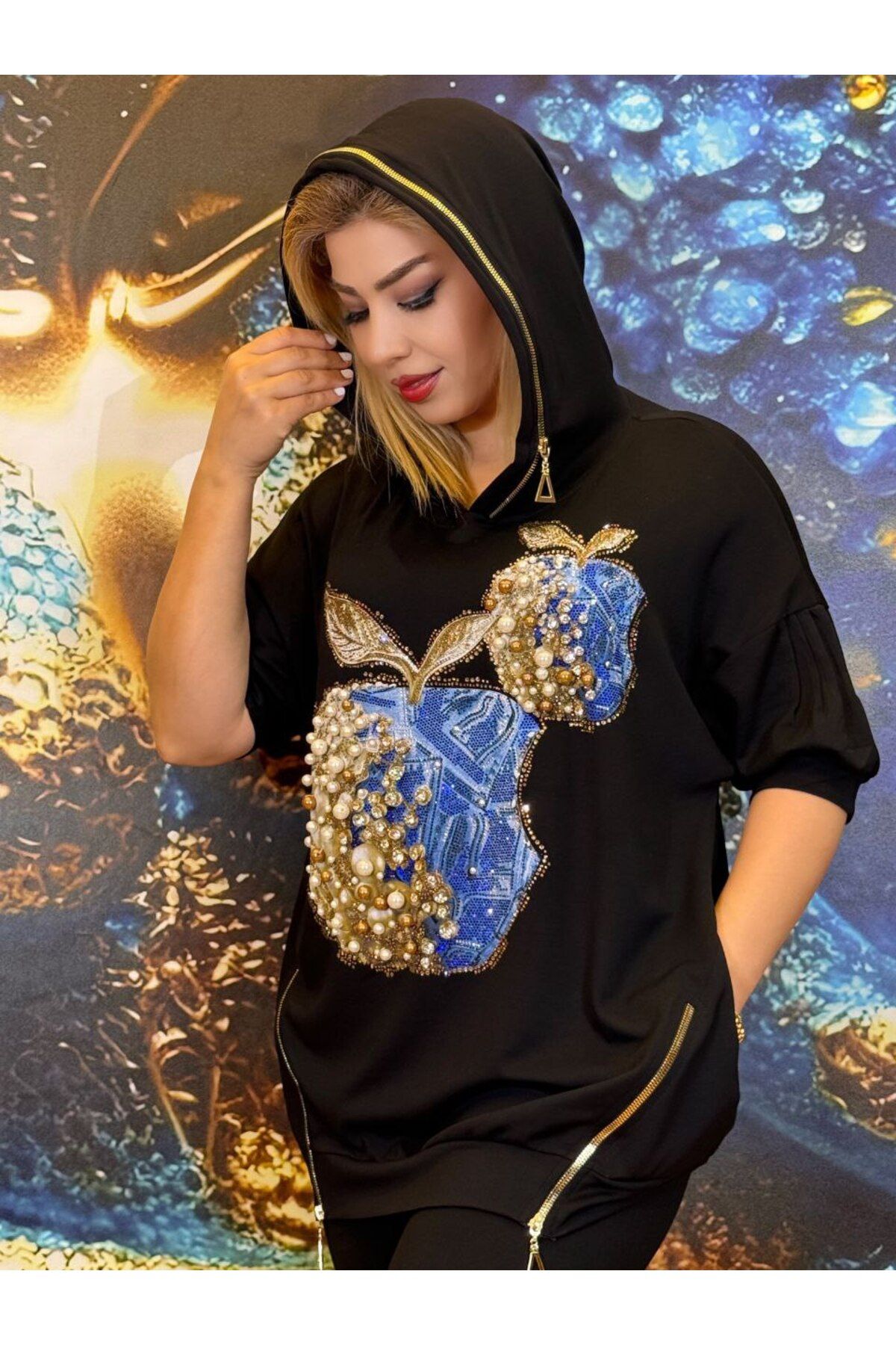 Yeşilmoda Kapüşonlu sweat,Spor,siyah,Fermuar Detayları, yüksek kalite,Elma,,El işiTaşli,Cepli,pamuklu,Şapkalı.