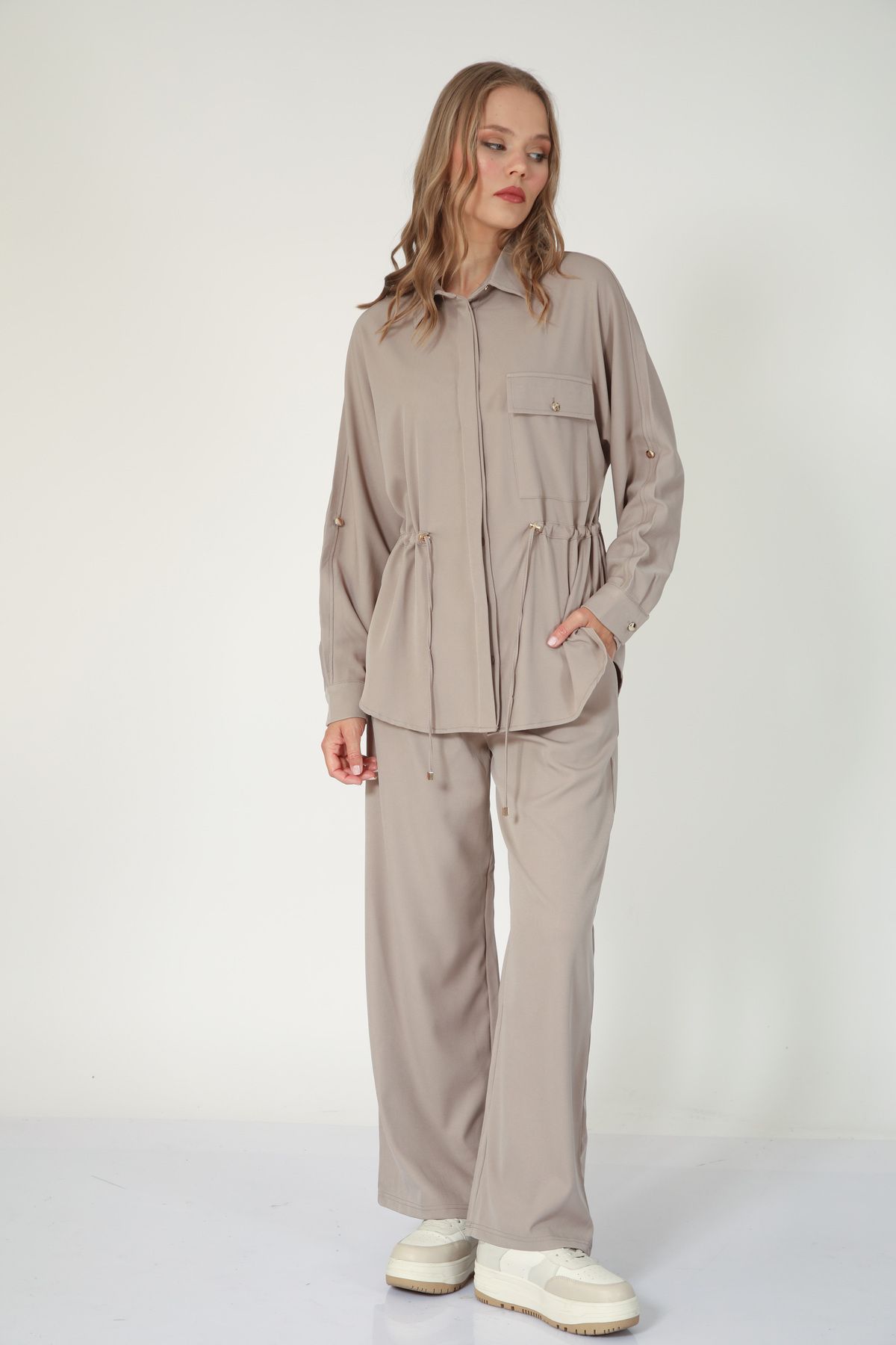 Suede Style 5728 - Şık Rahat Bel İp Büzgü Detaylı Gömlek-Pantolon Kadın Takım