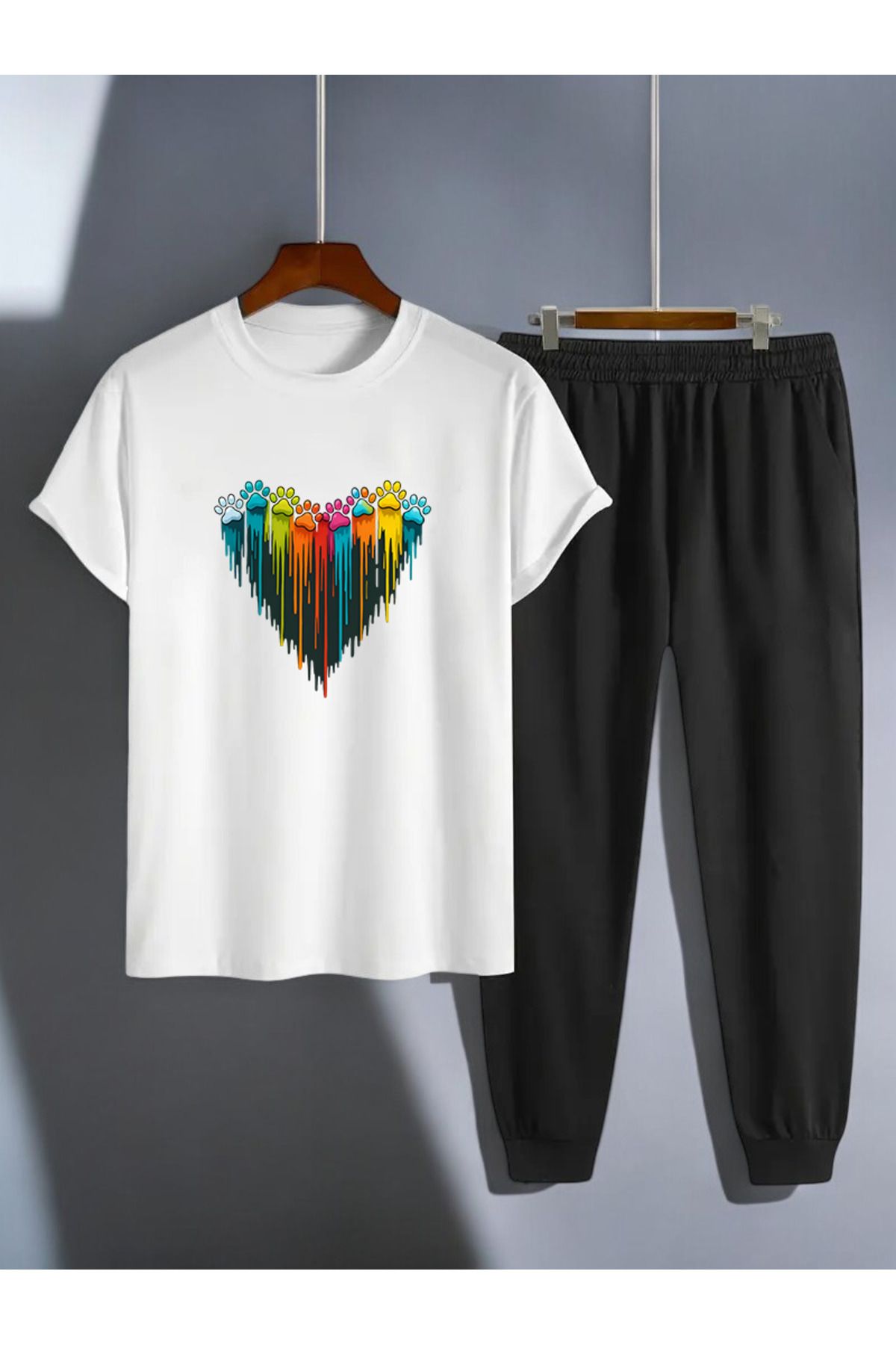 uyguntarz Unisex Pati Kalp Tasarım Basklı Tshirt Eşofman Takımı