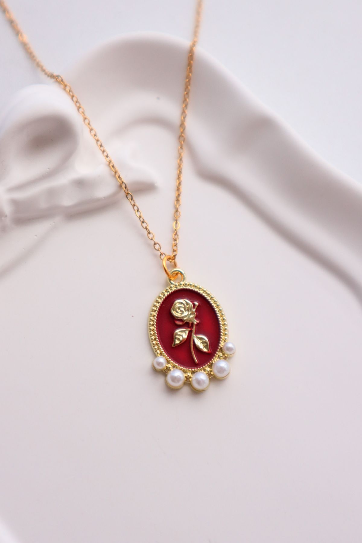 EFBUTİK Gold Renk Zincirli Burgundy Y2K Pearl Tulip İtha Kolye