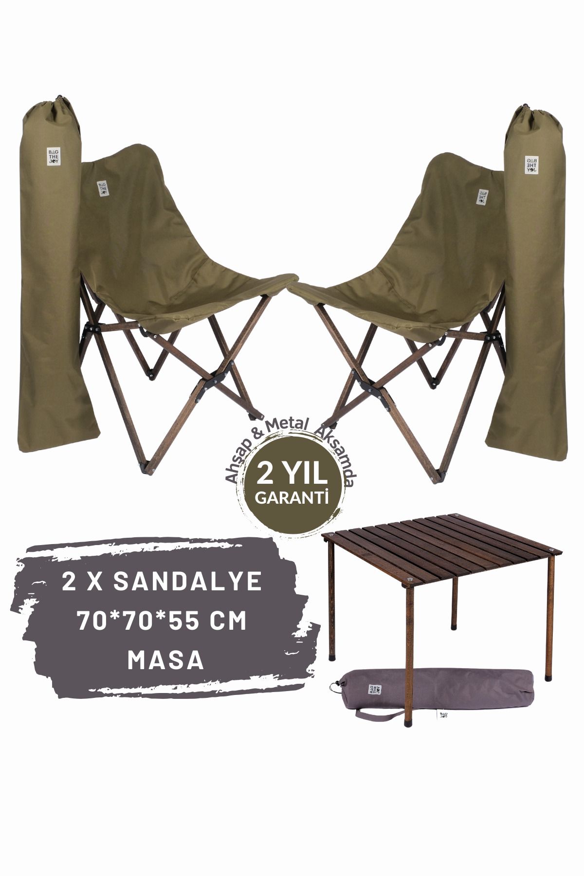 Bag The Joy Ahşap Katlanır Masa Sandalye Seti Antrasit Iskelet Haki Kılıf -70x70x55 Antrasit Masa
