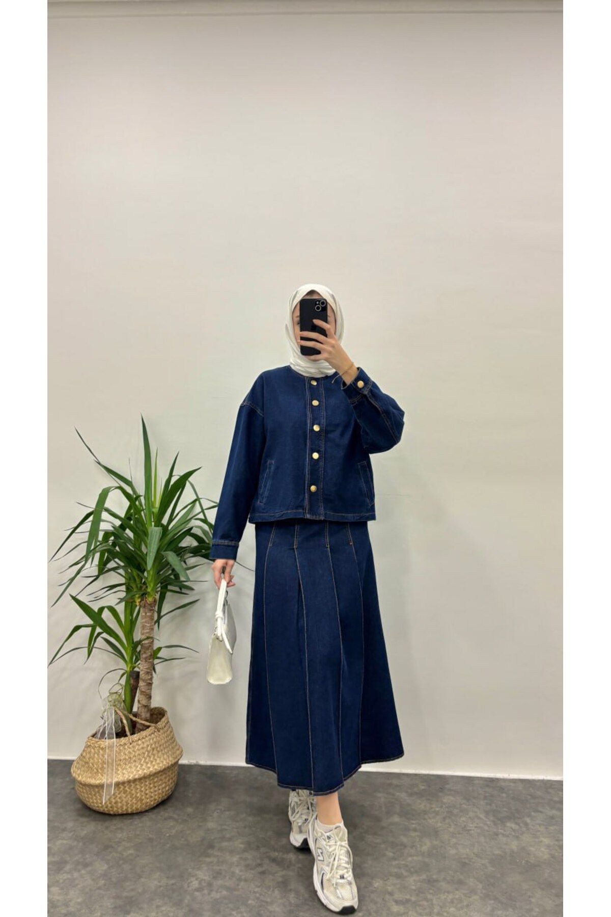 Suede Style 5264 - Şık Rahat Pile Detaylı Kadın Kot Etek Ceket Takımı
