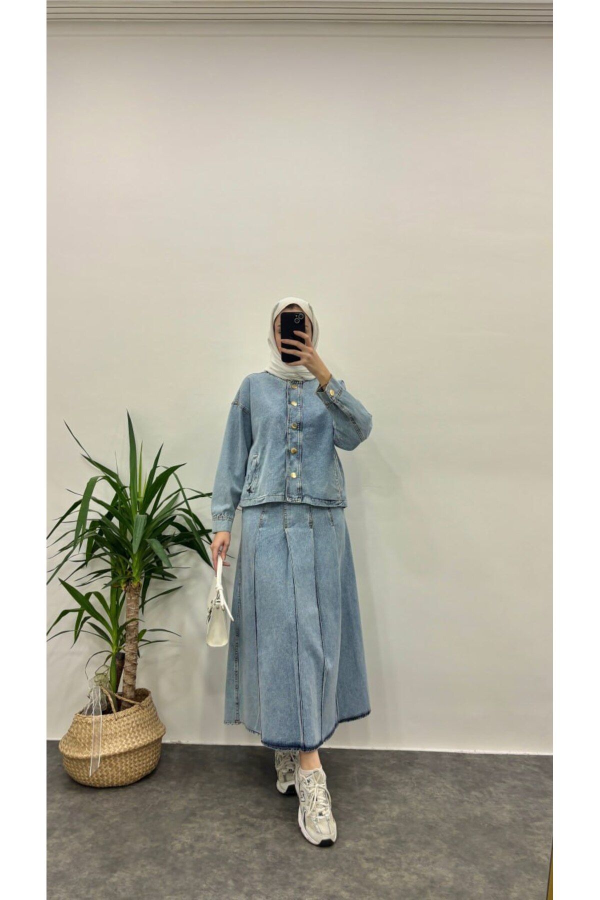 Suede Style 5264 - Şık Rahat Pile Detaylı Kadın Kot Etek Ceket Takımı