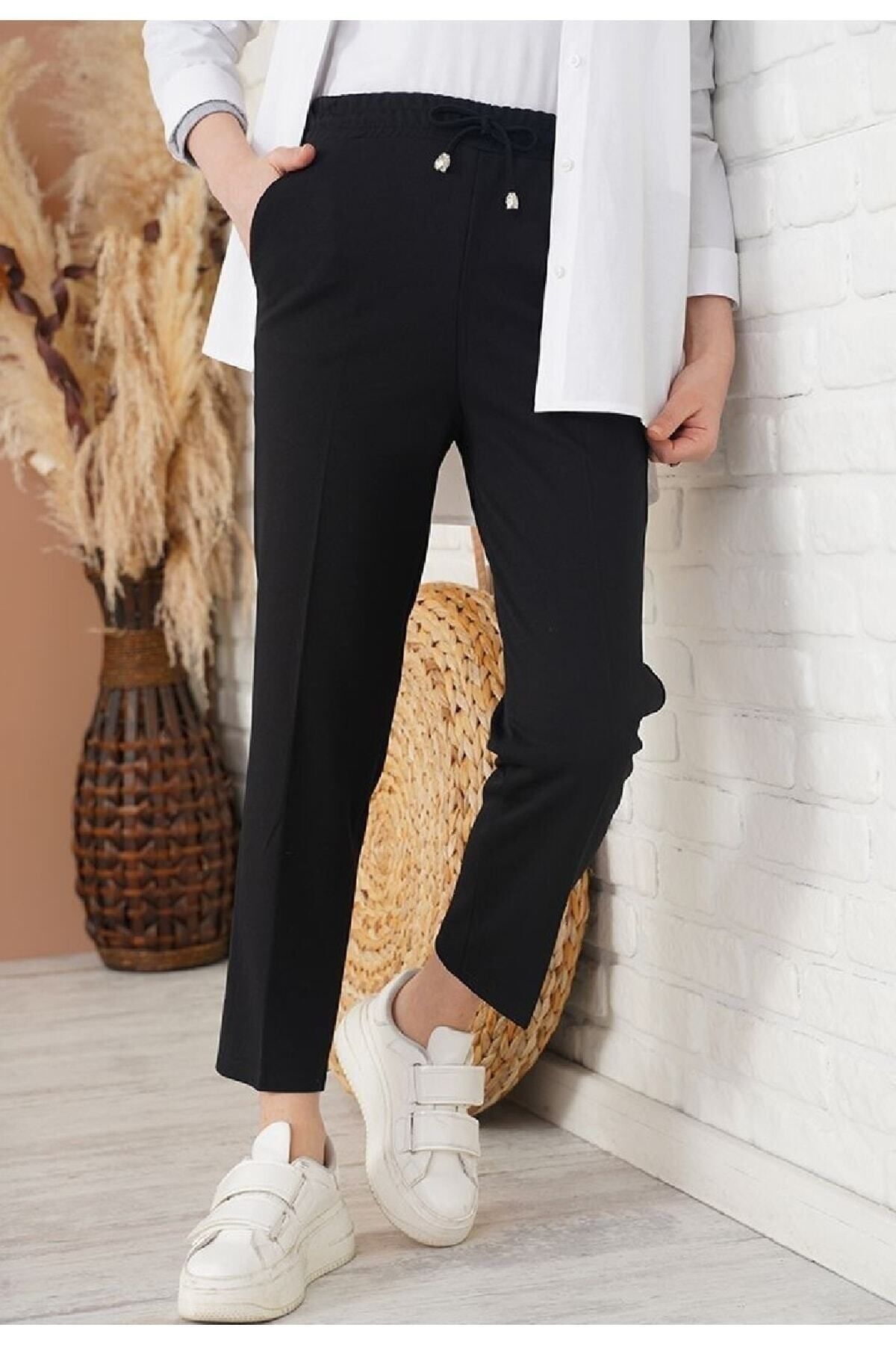Mrs.idea Kadın İp Detaylı Beli Lastikli Dar Paça Siyah Pantolon