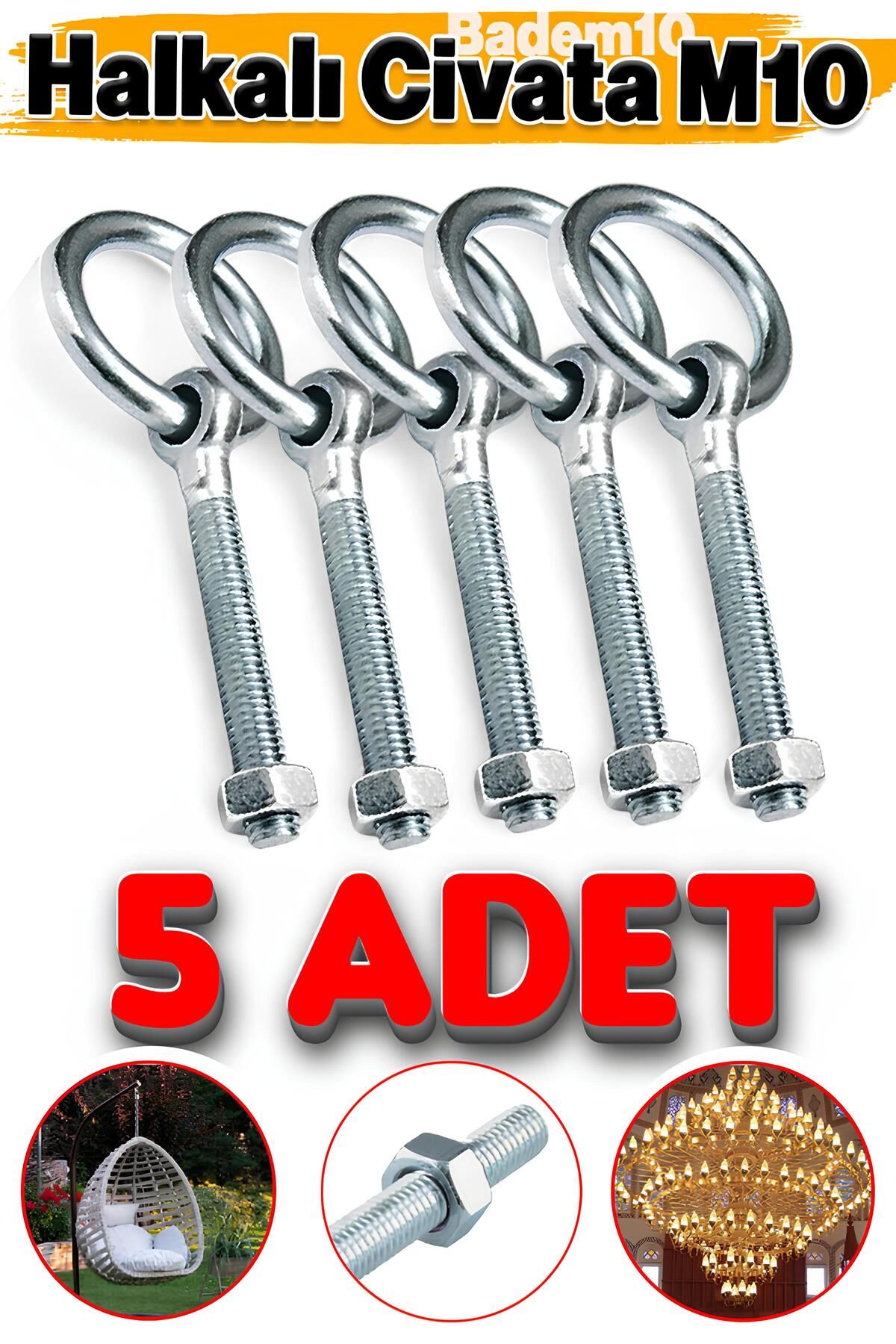 Badem10 Delikli Halkalı Metal Paslanmaz Civata M10 Somunlu Sabitleme Çekme Kaldırma Tavan Kancası Asma Kit