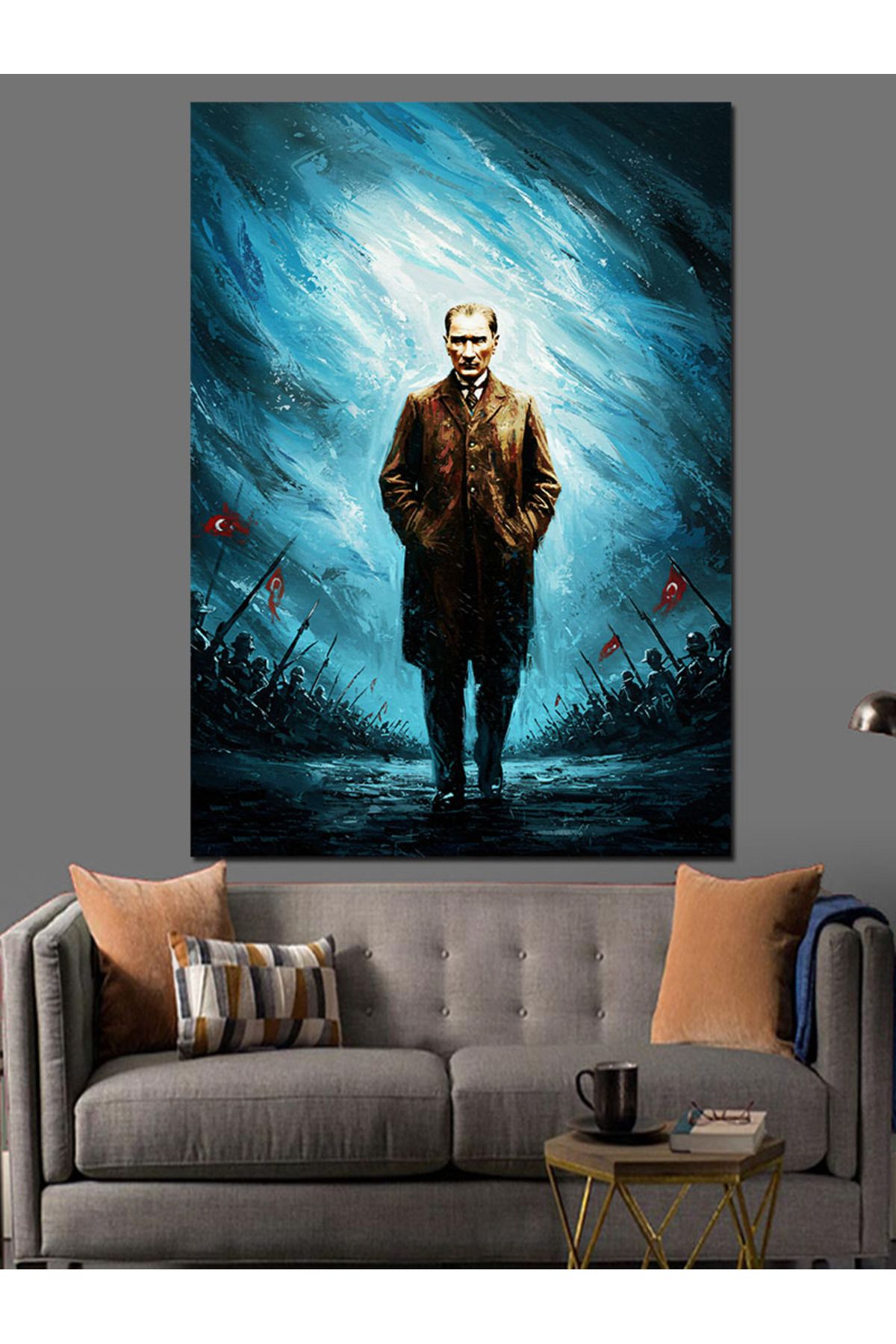 Tablomega Mavi Işıkta Mustafa Kemal Atatürk Dekoratif Kanvas - Mdf Ahşap Tablo