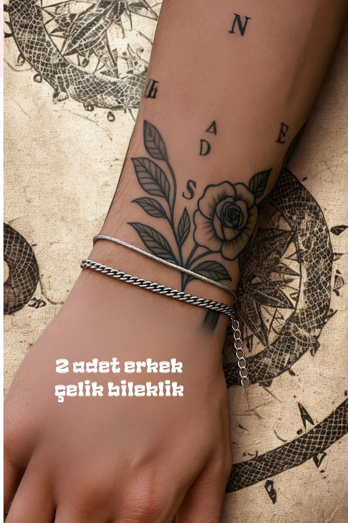 Le Manolia Accessories UNISEX KARARMAZ ÇELİK ERKEK BİLEKLİK YILAN İTALYAN ZİNCİR VE GURMET ZİNCİR UNİSEX İKİLİ BİLEKLİK
