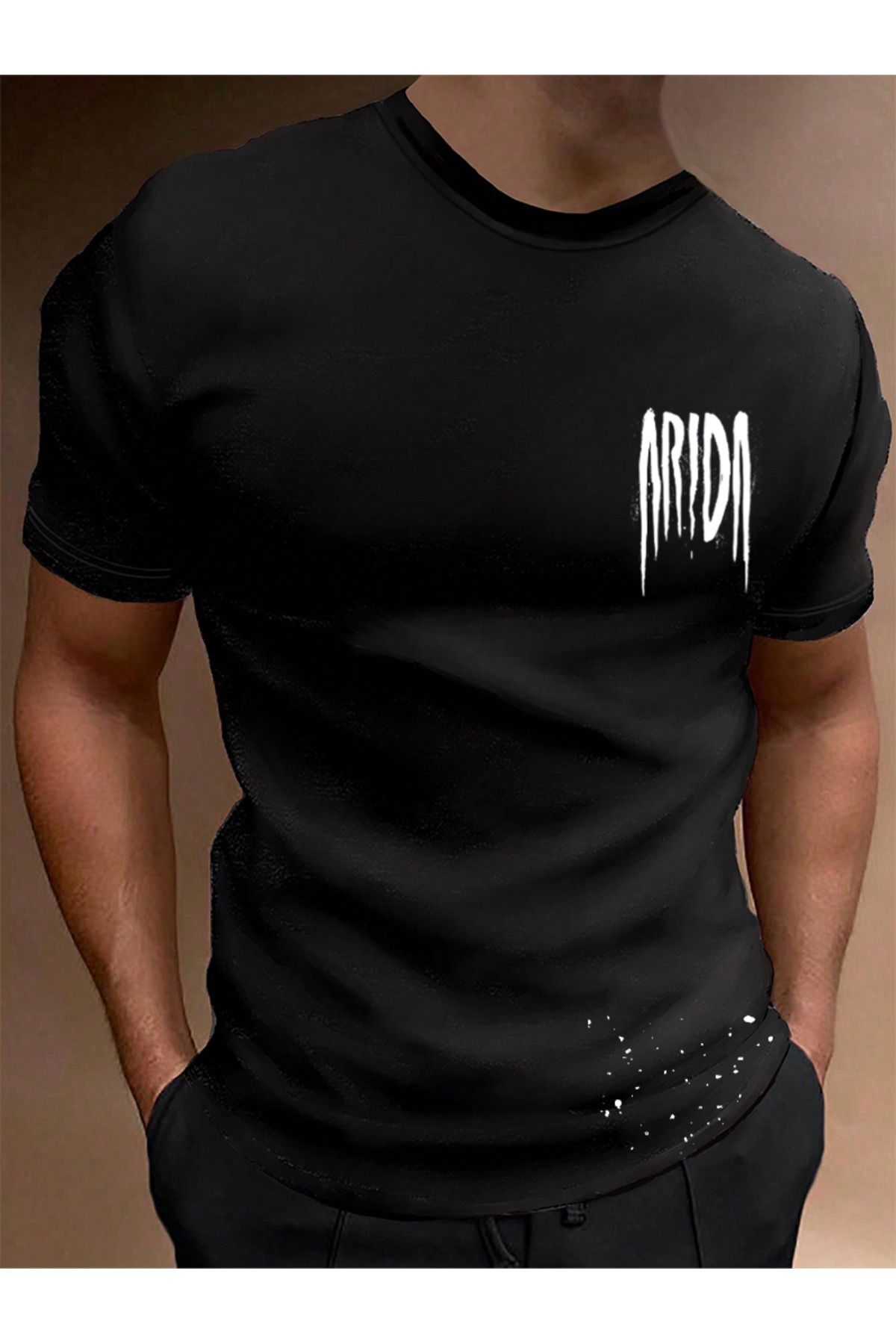 EFFRENATU Arida Baskılı Yazlık Pamuklu Kumaş Bisiklet Yaka Siyah Kısa Kol Erkek T-shirt
