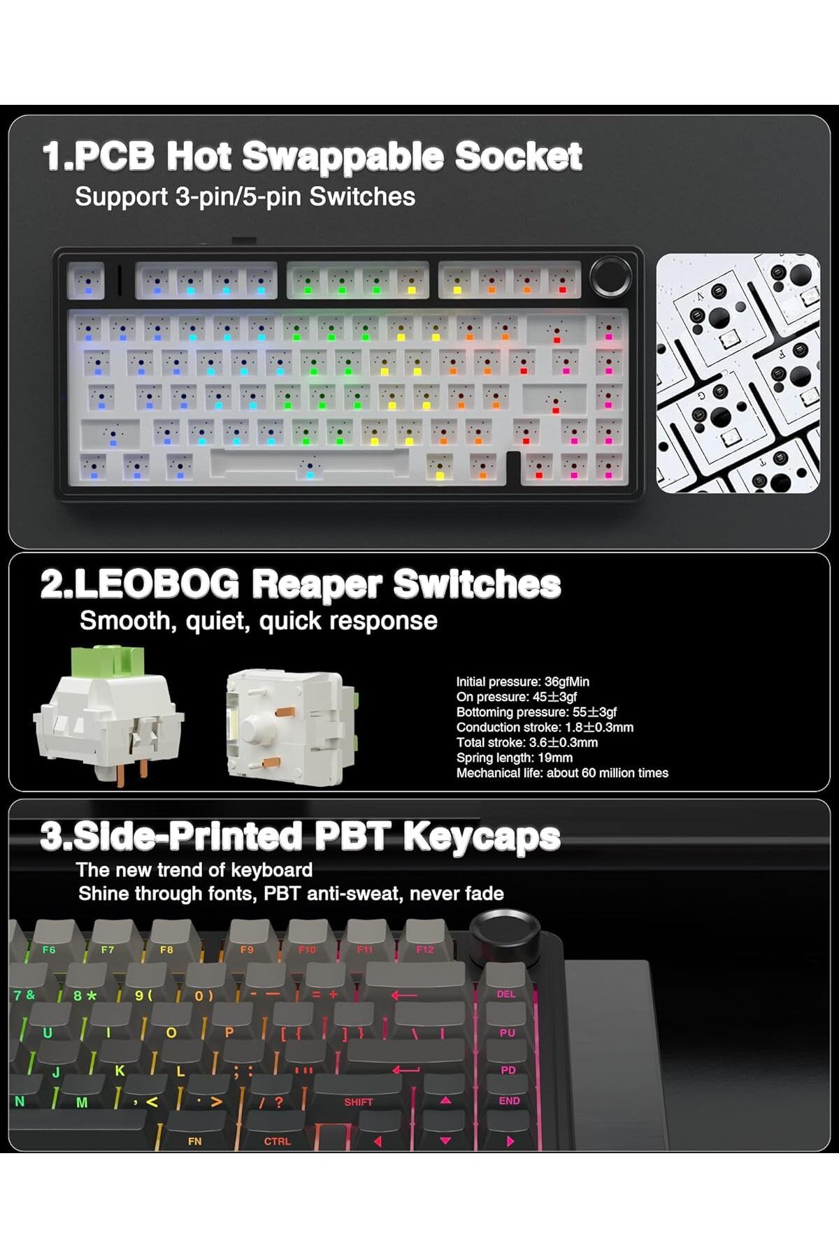 Aula-F75 Pro Mechanical Gaming Keyboard, Side Engraved, 2.4GHz/Type C/BT5.0, 75% Wireless, Swapable 9