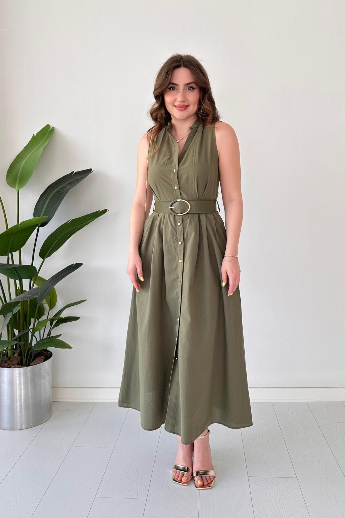 MaziButik Astarlı Summer Elbise Haki