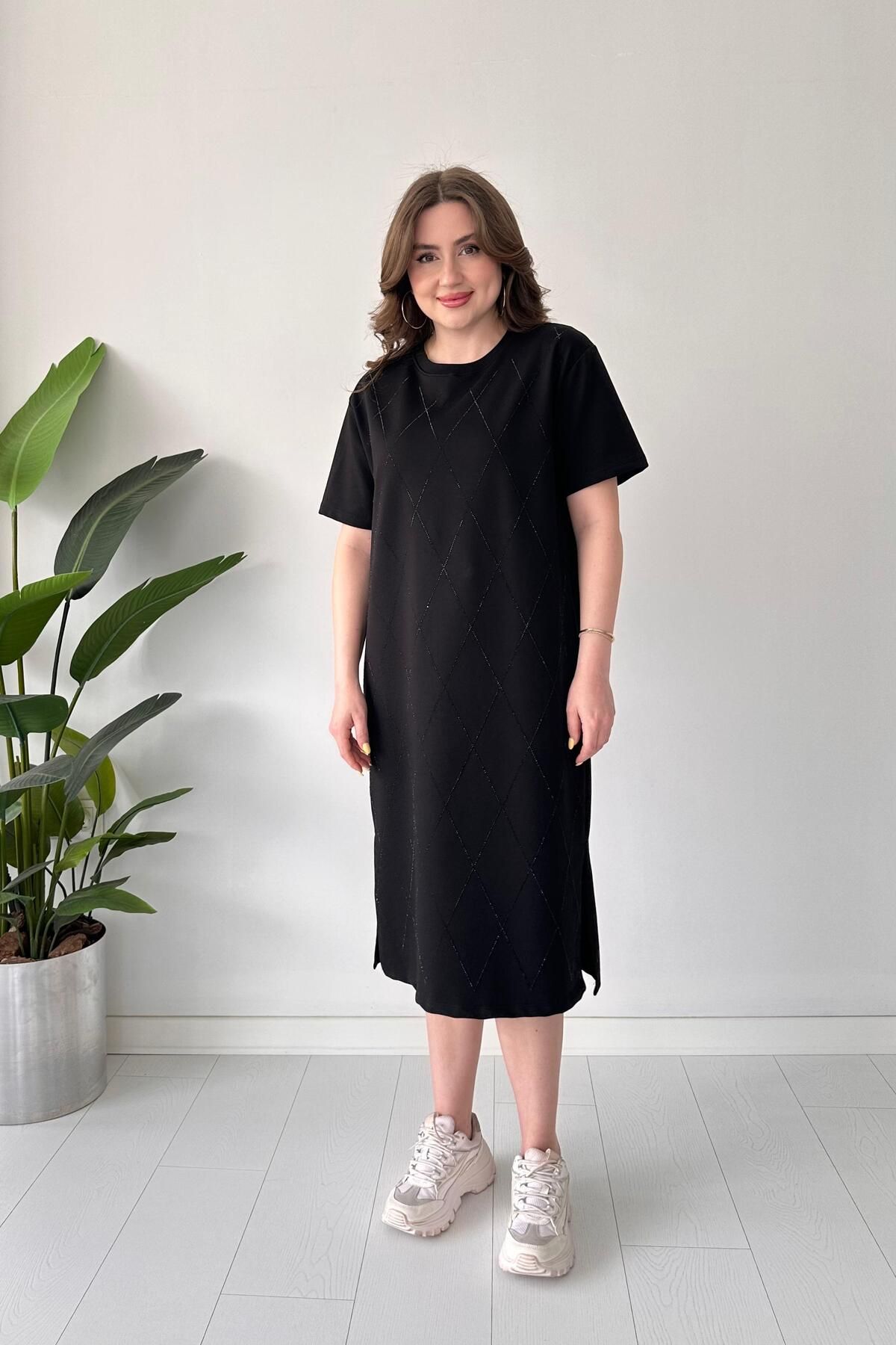 MaziButik Çapraz Işıltılı Basic Elbise Siyah