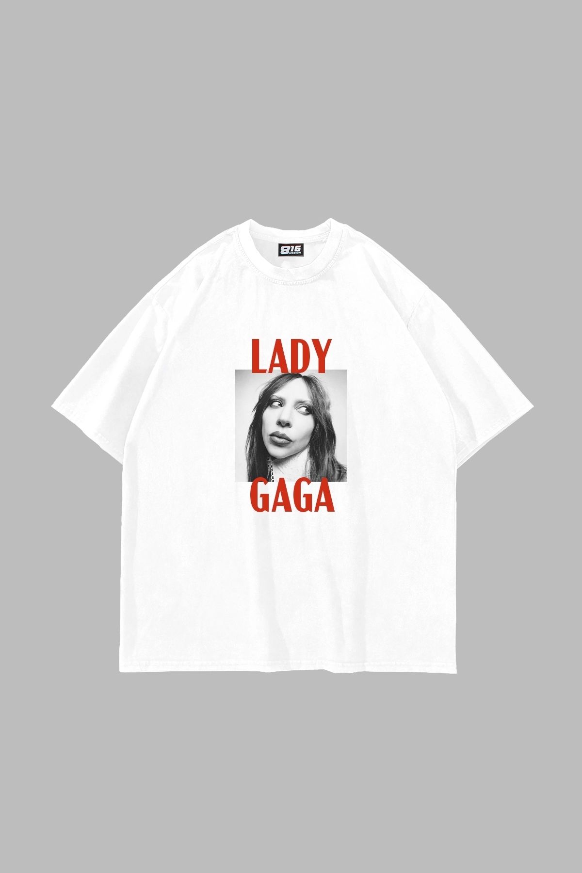 Sekizbiraltı Lady Gaga Photo Baskılı Oversize Unisex Beyaz Tshirt