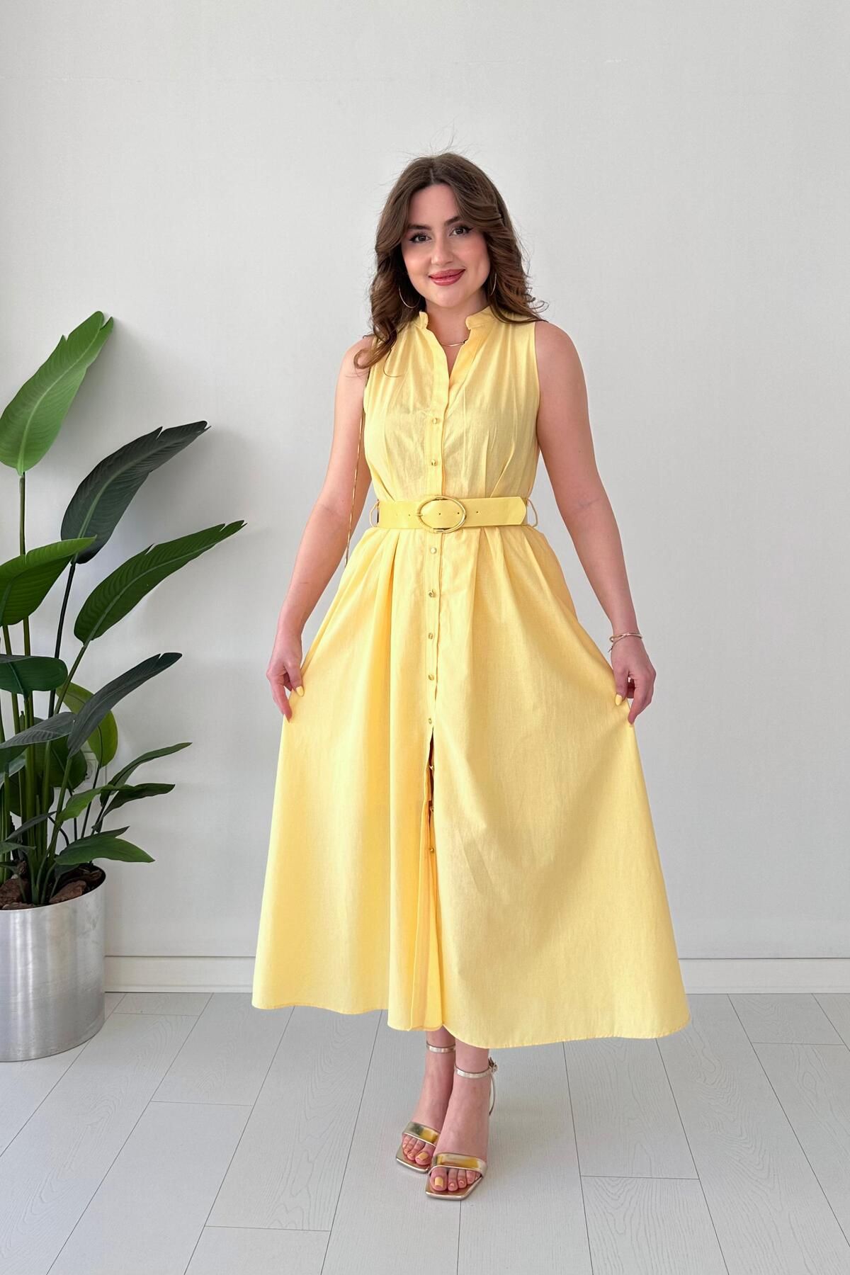MaziButik Astarlı Summer Elbise Sarı