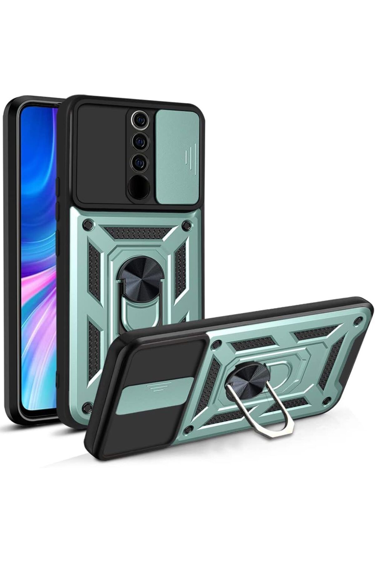 Rivor Xiaomi Redmi Note 8 Pro Uyumlu Kılıf Kamera Sürgülü Standlı Yüzüklü Darbe Emici Koruyucu Tank Kapak