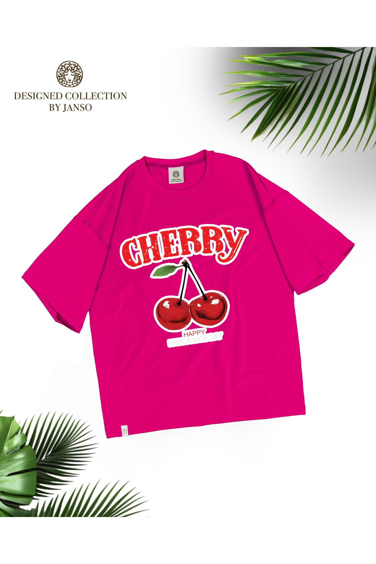 JANSO GROUP -KADIN KISA KOLLU CHERRY BASKILI TSHIRT BÜYÜK BEDEN OVERSIZE PAMUKLU KUMAŞ