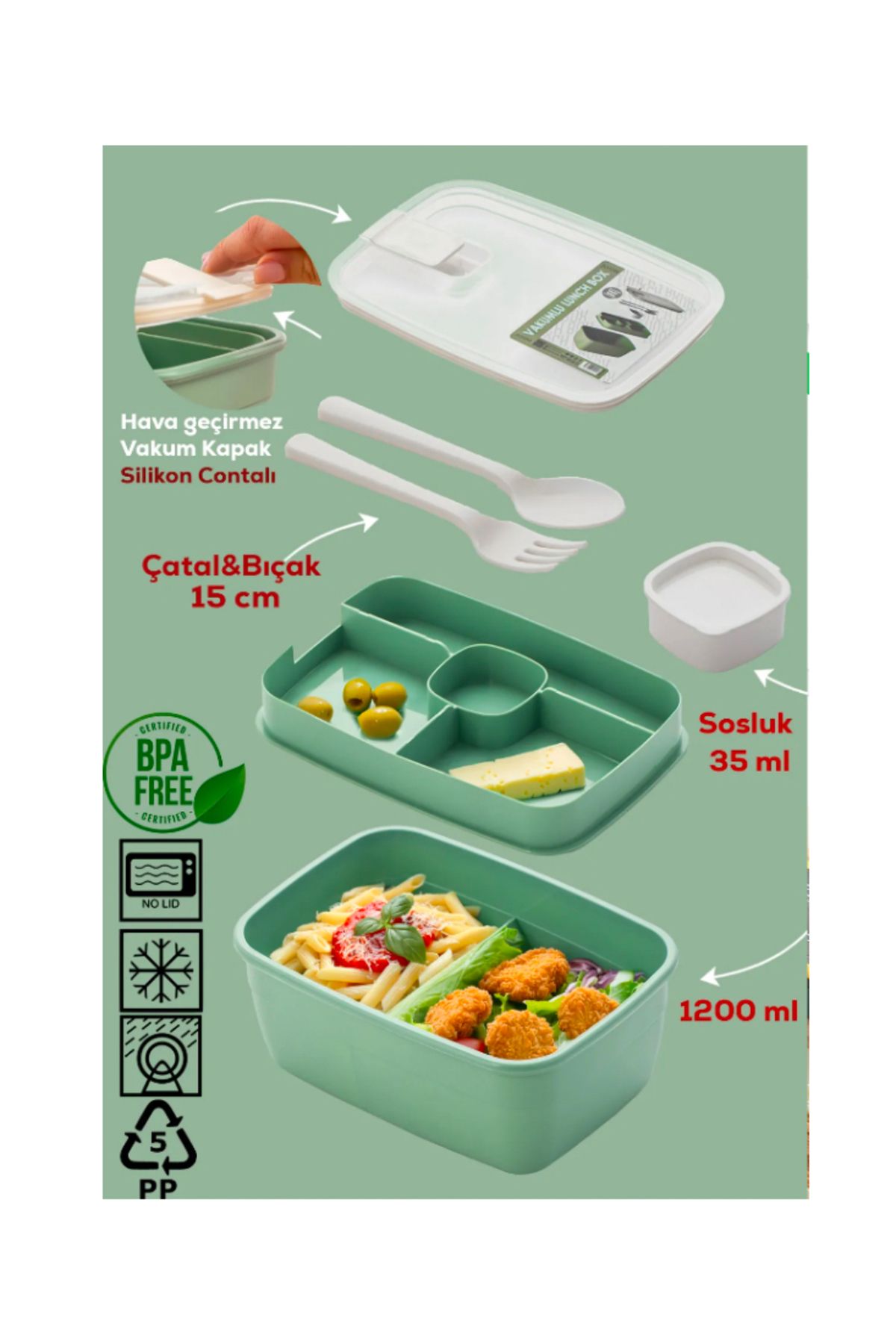 CeysHOME Vakumlu Kendinden Kaşık Çatallı Sosluklu Bölmeli Beslenme Çantası- 2 Katlı Lunch Box- Sefer Tası