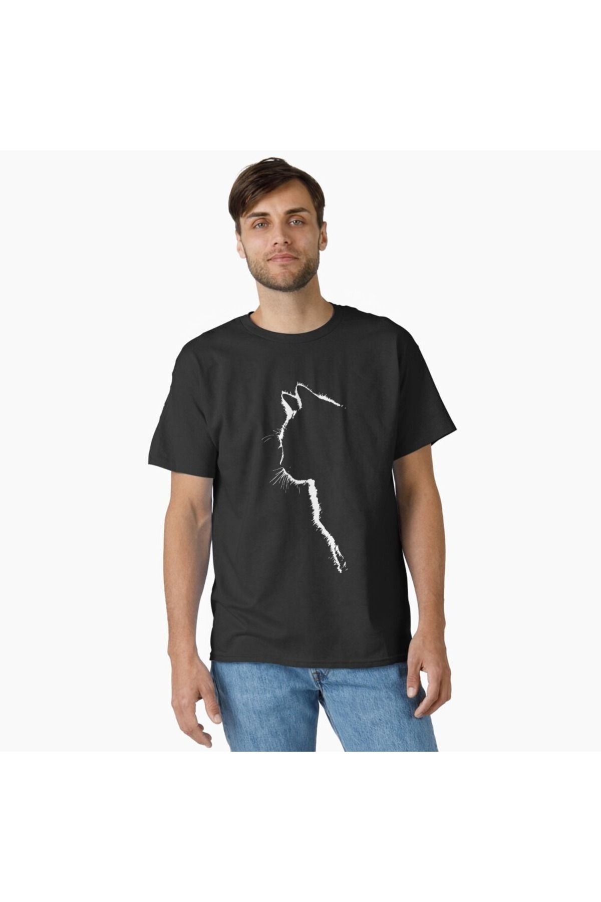 ship master Kedi Silüeti Tasarımlı Unisex Oversize Tişört