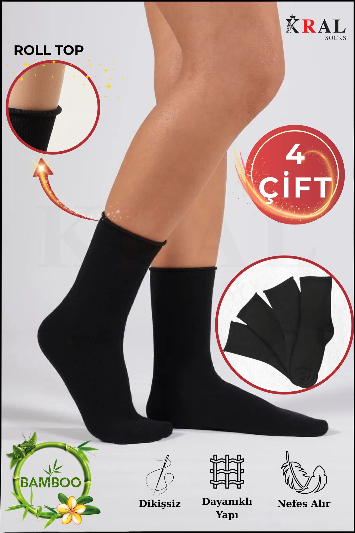 KRAL SOCKS Kadın Roll-Top Lastiksiz Dikişsiz Bambu Soket Çorap 4 Çift
