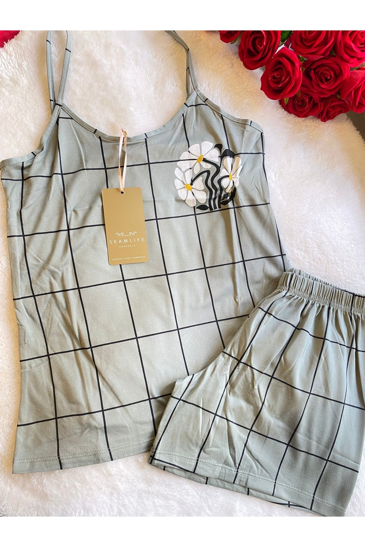 Pijamoni İp Askılı Viscon Kumaş Şortlu Pijama Takımı