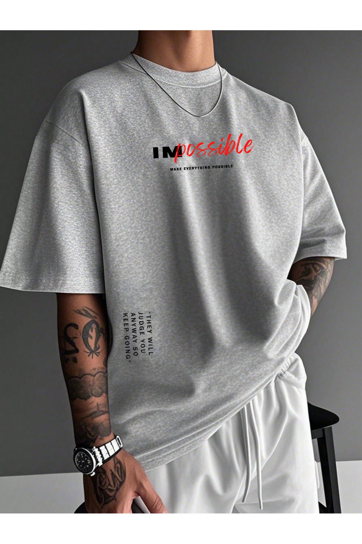 EFFRENATU İmkansız Baskılı Yazlık Pamuklu Kumaş Bisiklet Yaka Gri Kısa Kol Erkek T-shirt