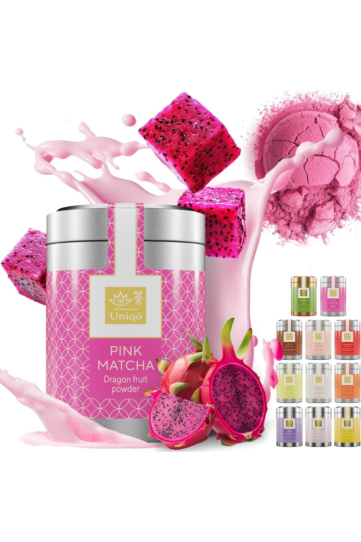TEA UNIQO Ejder Meyvesi Aromalı Premium Japon Matcha Tozu 30g Şeker İlavesiz Vegan, Metal Kutuda