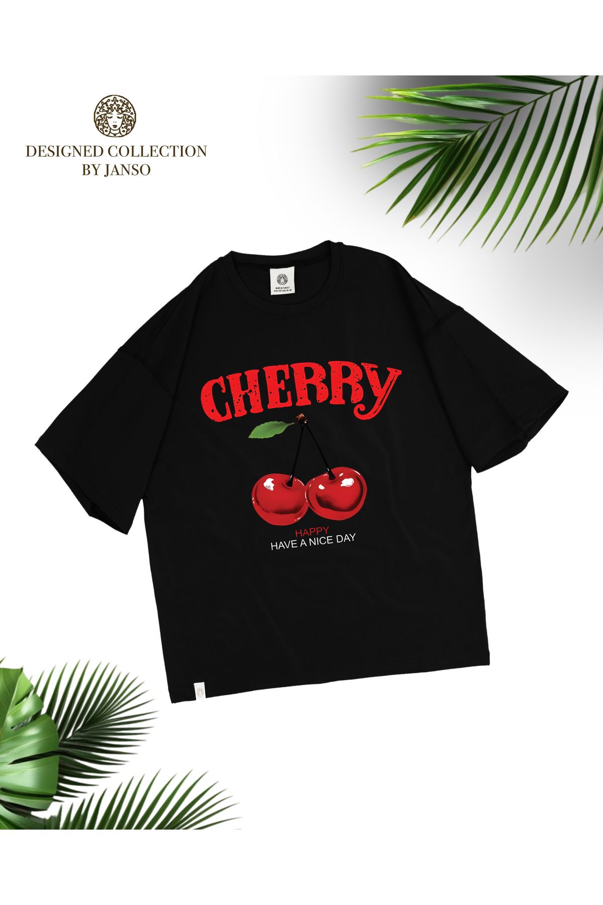 JANSO GROUP -KADIN KISA KOLLU CHERRY BASKILI TSHIRT BÜYÜK BEDEN OVERSIZE PAMUKLU KUMAŞ