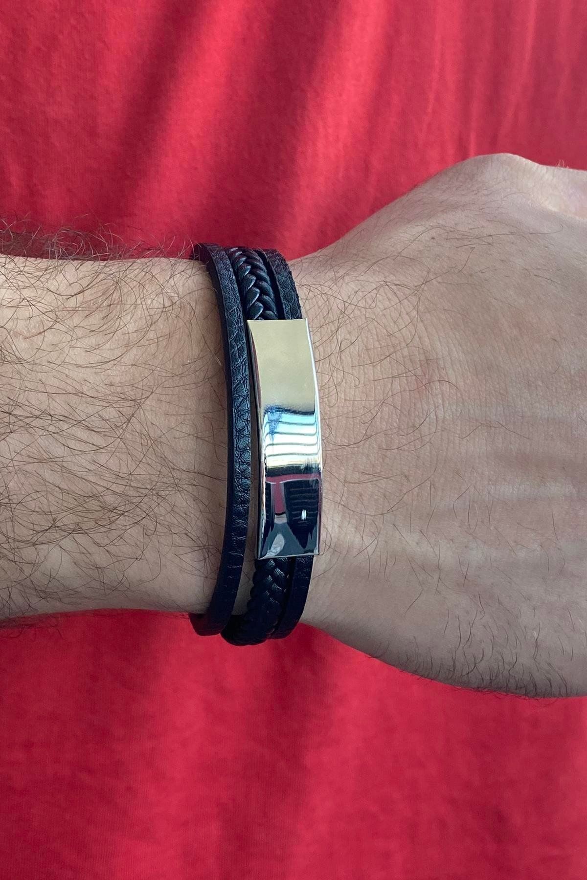 TAKIŞTIR Siyah Renk Metal Detaylı Çelik Bileklik