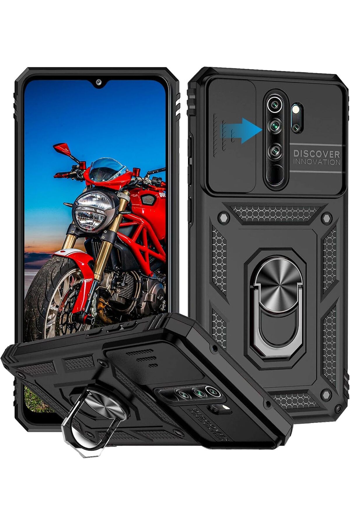 Rivor Xiaomi Redmi Note 8 Pro Uyumlu Kılıf Kamera Sürgülü Standlı Yüzüklü Darbe Emici Koruyucu Tank Kapak