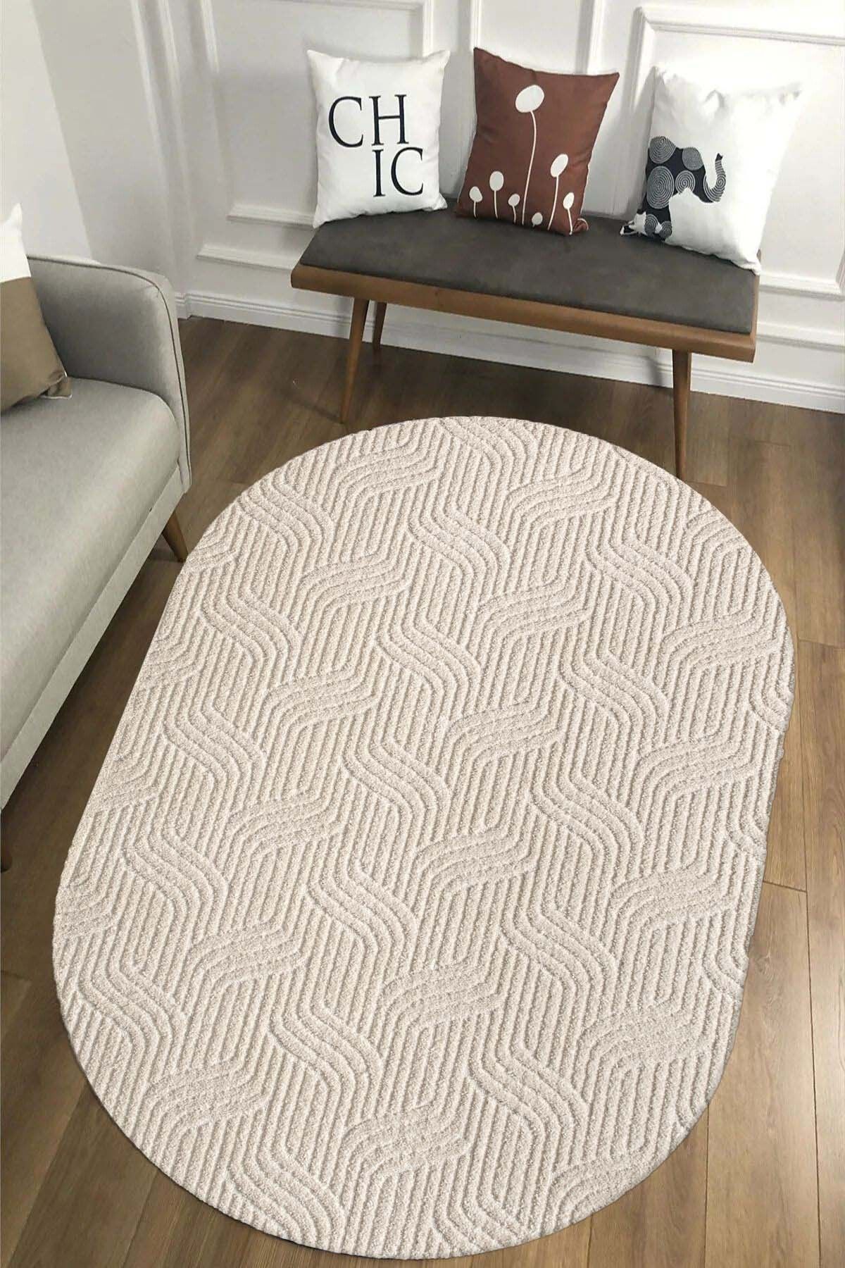Raschel Carpet Kaymaz Taban Moopy Oval Krem Bukleli Yumuşak Soft Dokuma Yolluk Halı Salon Halısı LP1003A_KREM