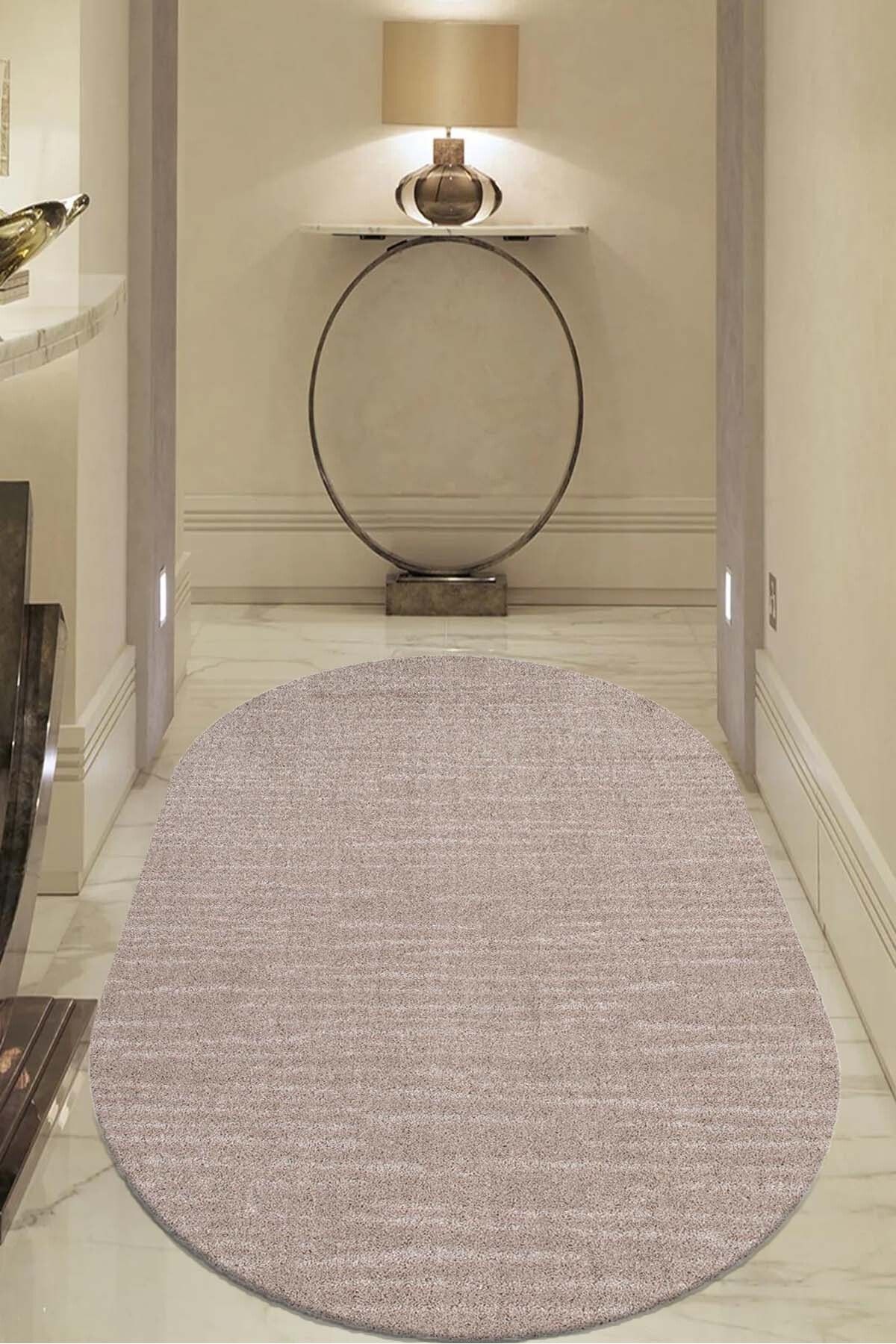 Raschel Carpet Moopy Oval Bej Bukleli Yumuşak Soft Dokuma Yolluk Halı Salon Halısı LP1007A_BEJ