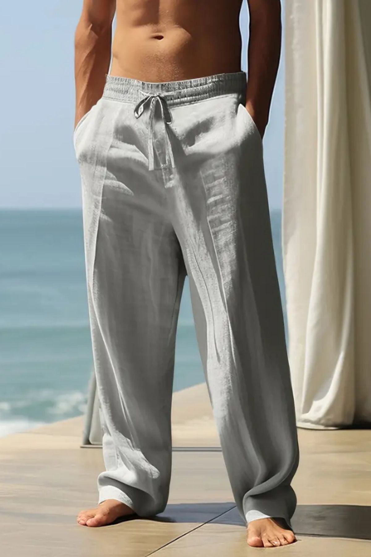 BLUE STREET Erkek Gümüş Relaxed Fıt Pamuklu Keten Pantolon