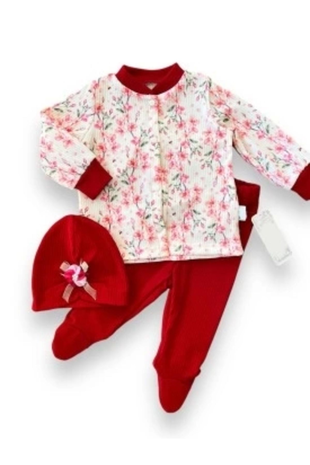 Diji Baby 3-6-9-12 Ay Çiçek Baskılı Şapkalı Çıtçıt Kapamalı Patikli 3lü Kız Bebek Takımı