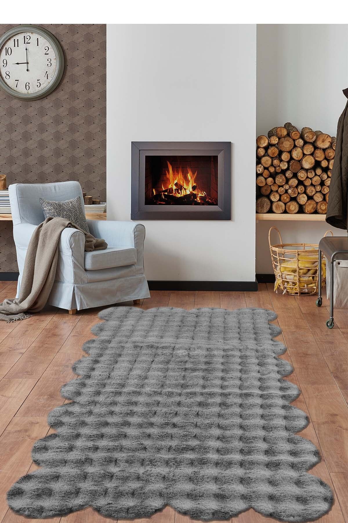 Raschel Carpet Lazer Kesim Açık Gri Yumuşak Bubble Kaymaz Özel Taban Peluş Halı Yolluk