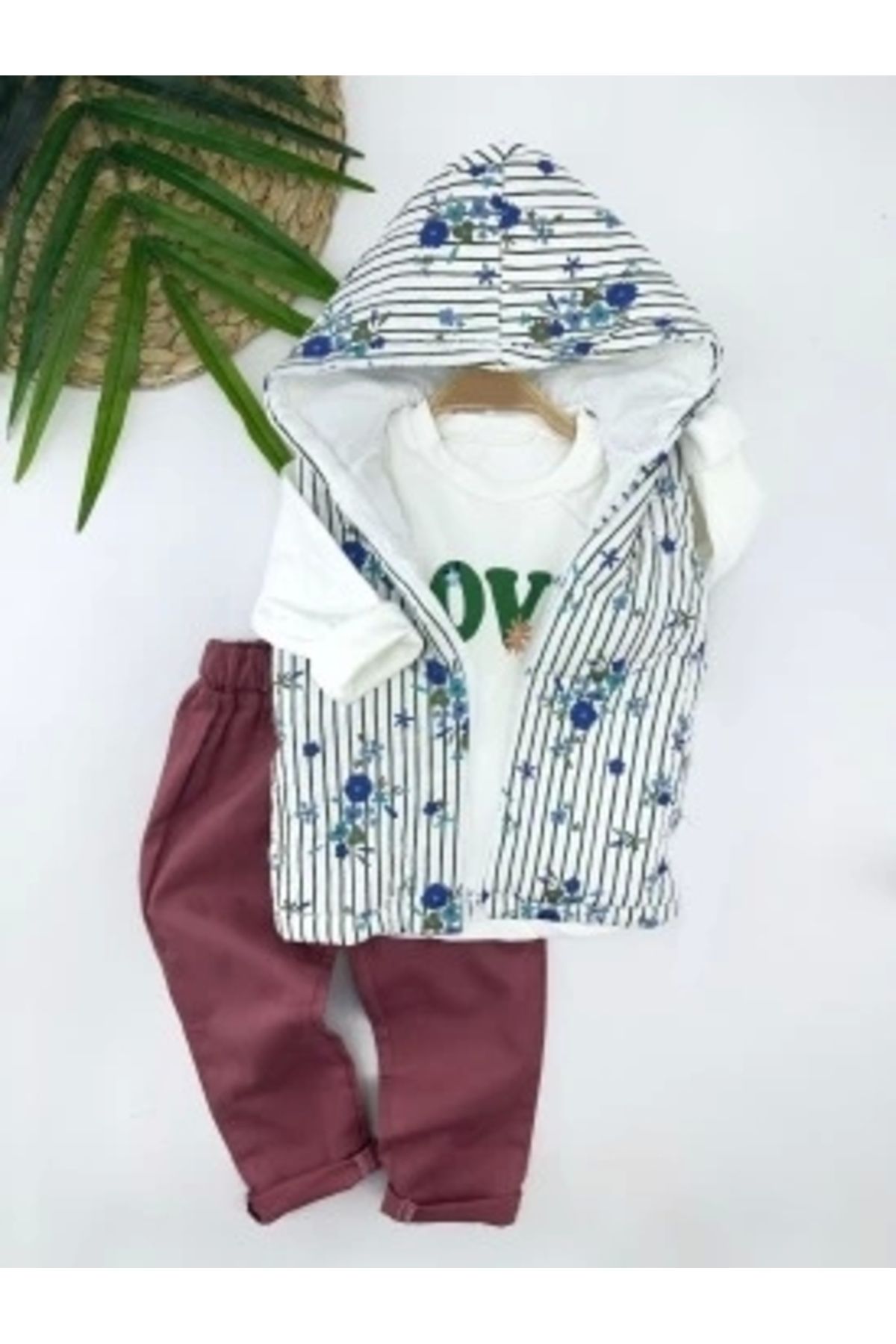 Diji Baby 3-4-5-6 Yaş Kapşonlu Fermuarlı Çiçekli Şişme Yelek Sweat Pantolonlu 3lü Kız Erkek Çocuk Takımı