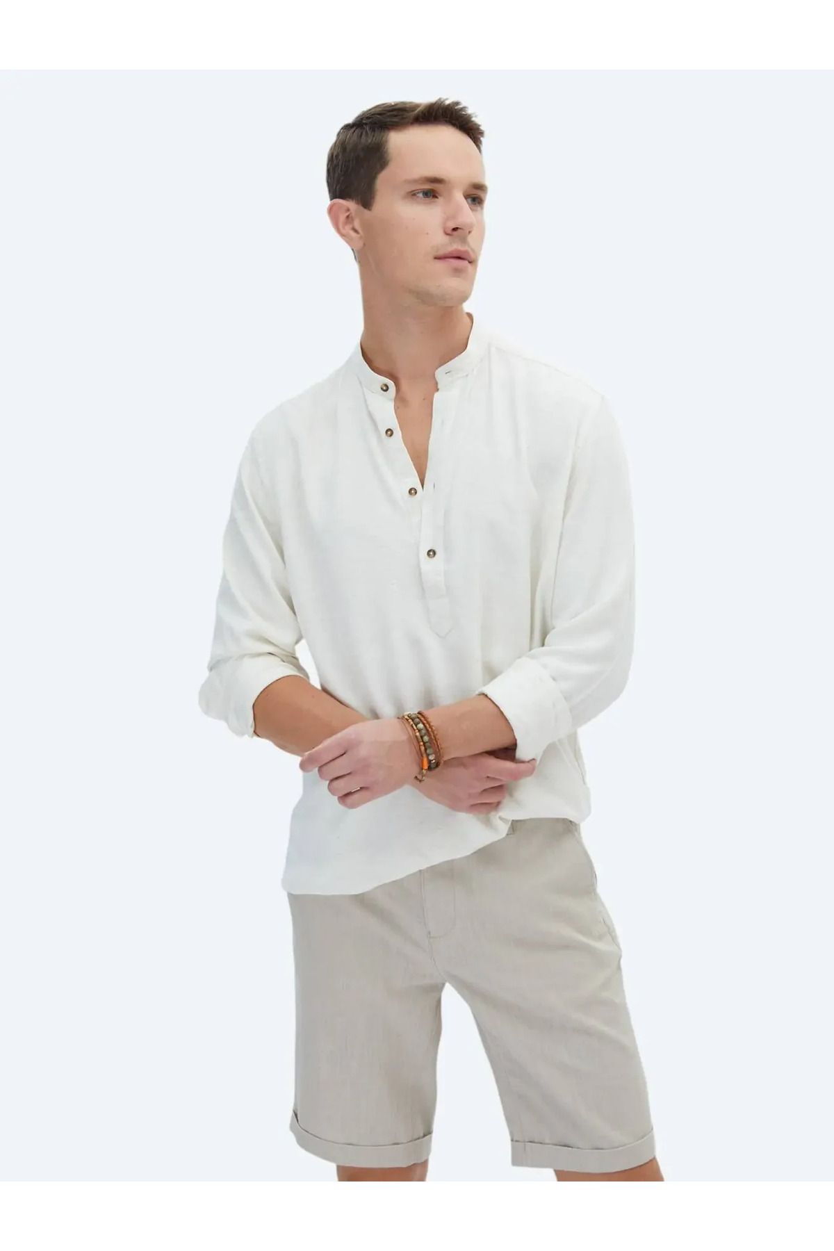 Kip Bej Düz Regular Fit Dokuma Casual Keten Karışımlı Gömlek