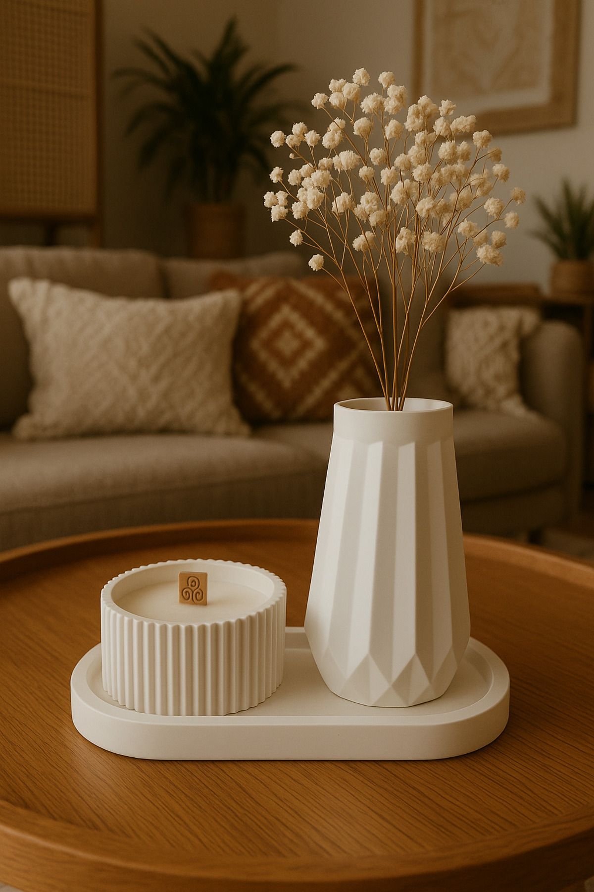 Arteliss İskandinav Bohem Tarzı Premium Gardenya Kokulu Ahşap Fitilli Mum Ve Vazo Seti