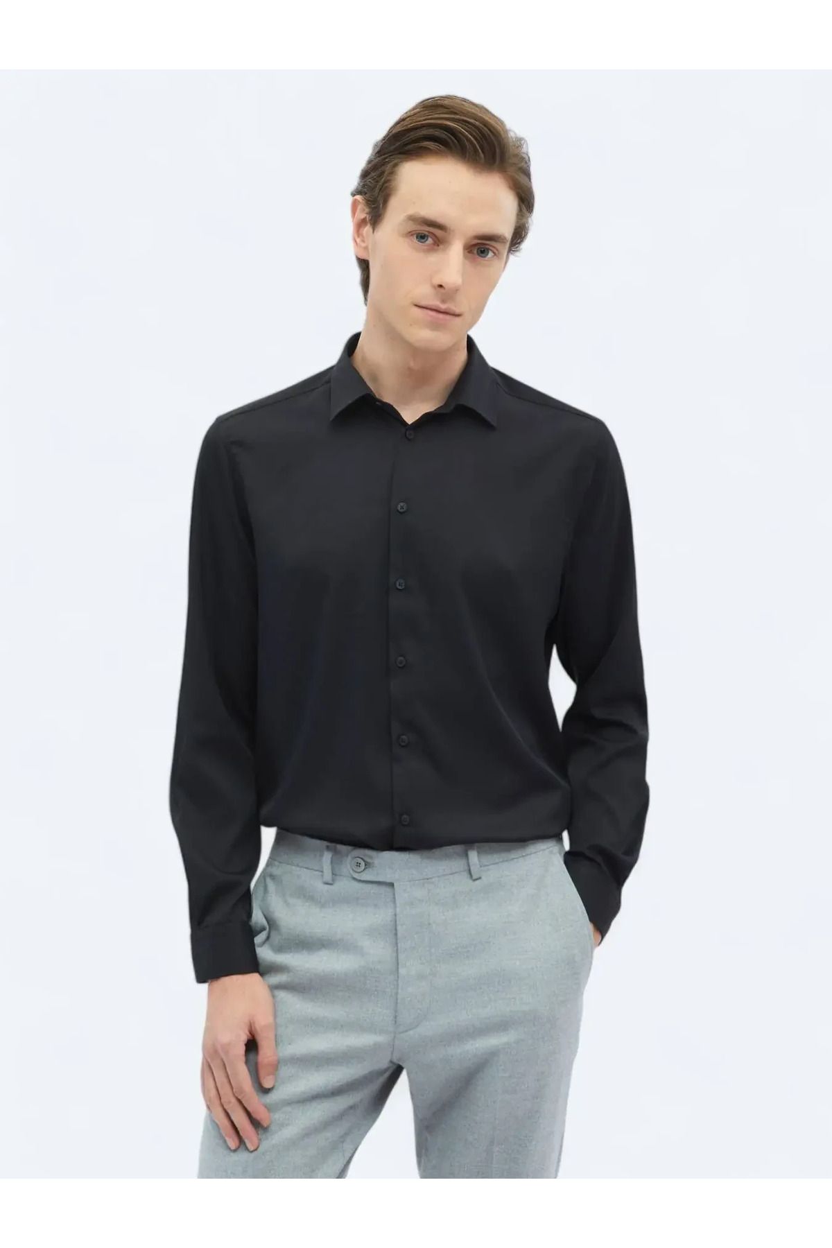 Kip Siyah Düz Regular Fit Dokuma Casual Gömlek