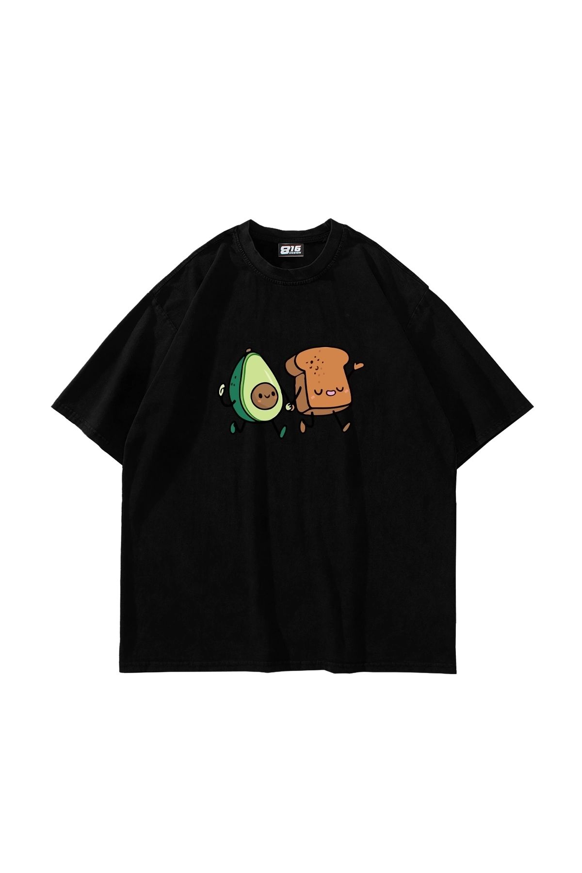 Sekizbiraltı Avocado and Toast Baskılı Oversize Unisex Siyah Tshirt