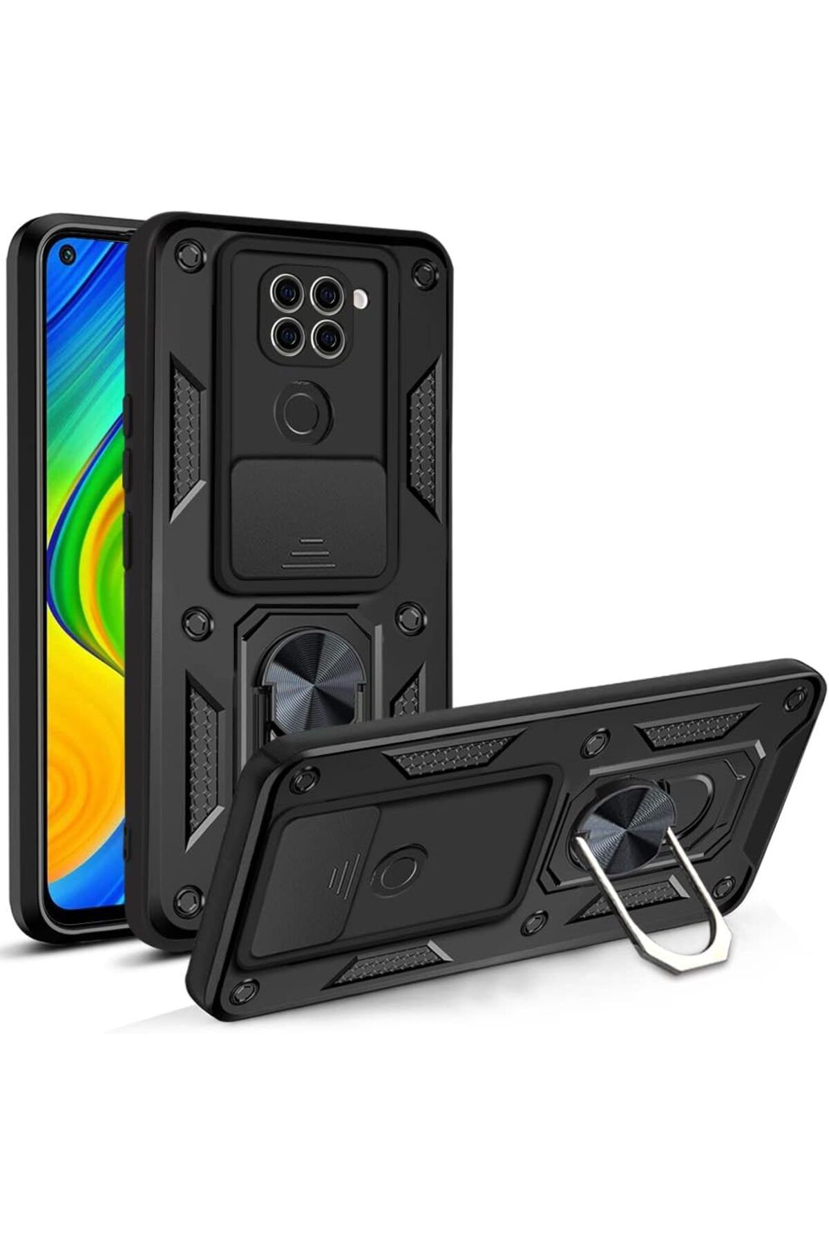 Rivor Xiaomi Redmi Note 9 Uyumlu Kılıf Kamera Sürgülü Standlı Yüzüklü Darbe Emici Zırh Koruyucu Tank Kapak