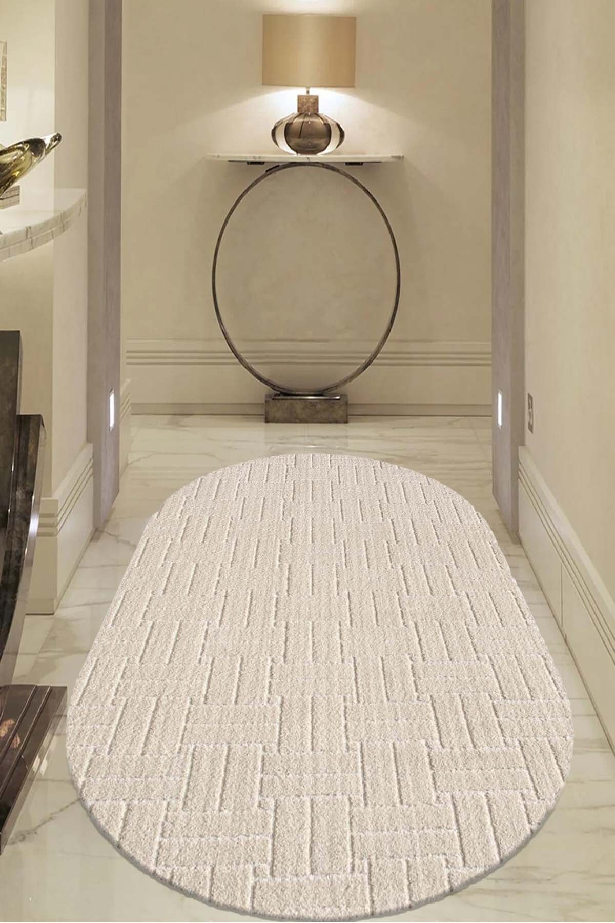 Raschel Carpet Kaymaz Taban Moopy Oval Krem Bukleli Yumuşak Soft Dokuma Yolluk Halı Salon Halısı LP1001A_KREM