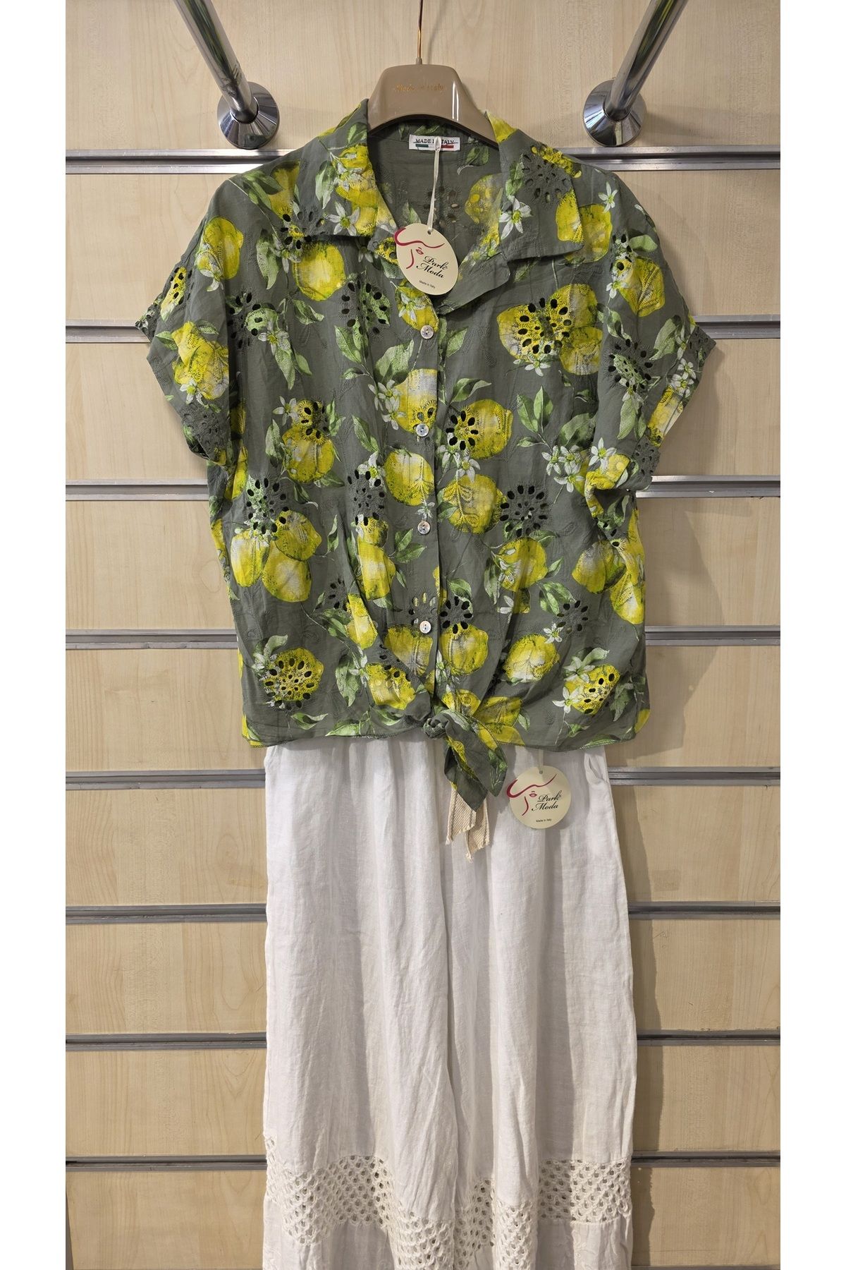 Park Moda İtalyan Gömlek Limon Desen Fistolu Bağlamalı