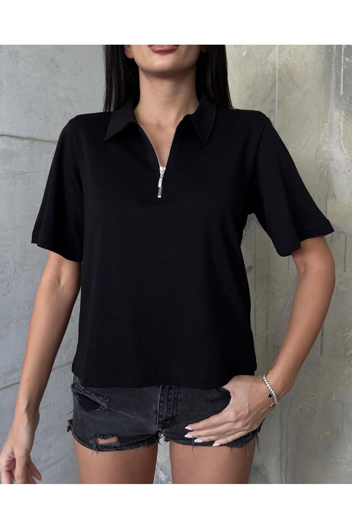 Butik Polo yaka fermuarlı omzu vatkalı tşhirt