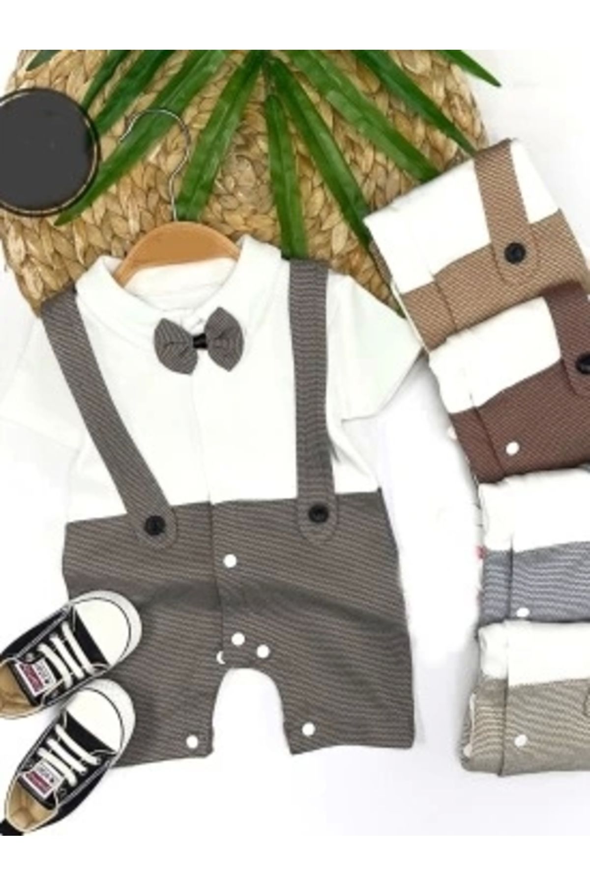 Diji Baby 3-6-9-12 Ay Papyon Detaylı Çizgili Salopet Görünümlü Erkek Bebek Tulumu