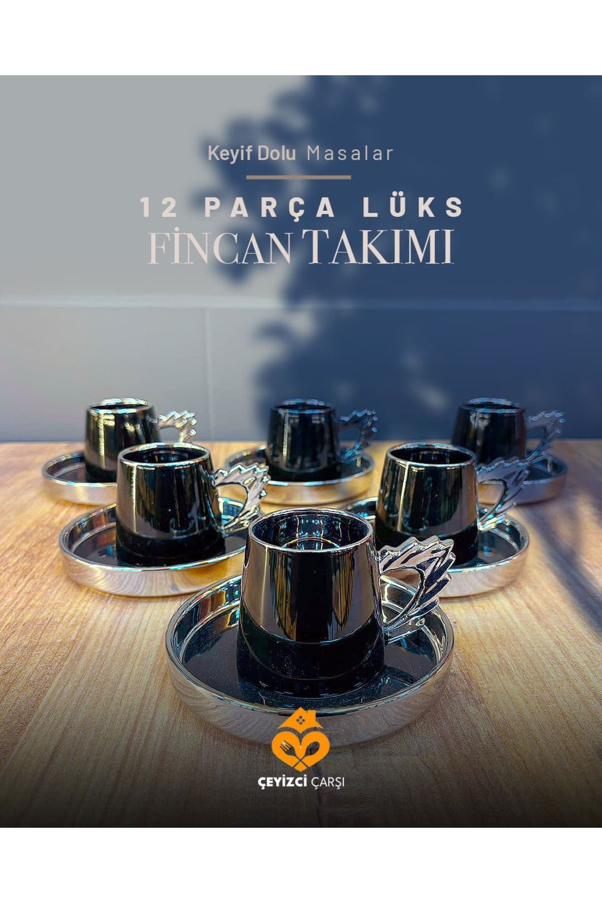 ÇEYİZCİ ÇARŞI ARADIĞIN HERŞEY TEK TIKLA 12 Parça Lüks Siyah Metalik Kahve Fincan Takımı – Modern Tasarım & Gümüş Detaylı