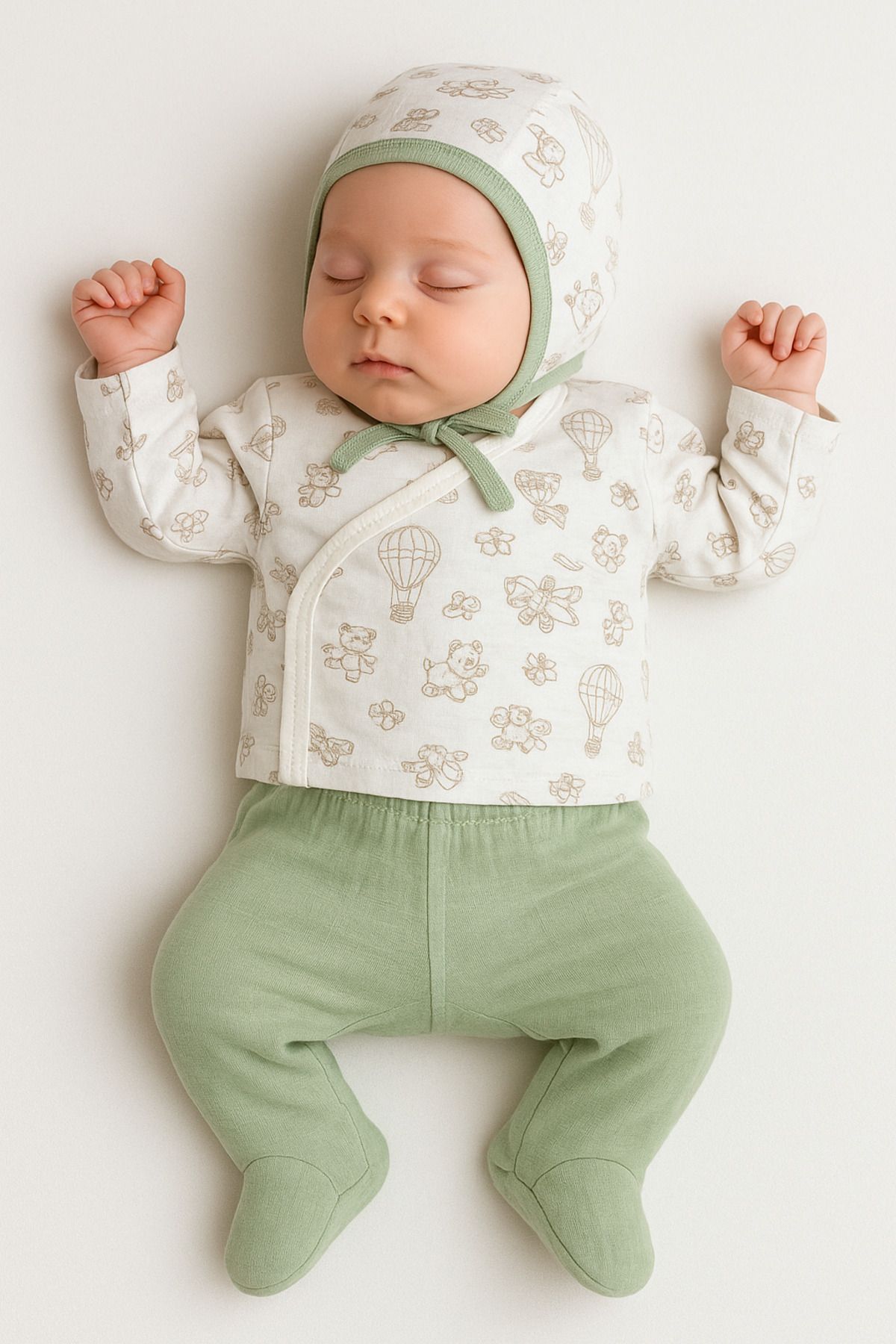Tiny World Unisex Organik %100 Pamuk Müslin Kumaş Baskılı Yenidoğan Bebek Takımı