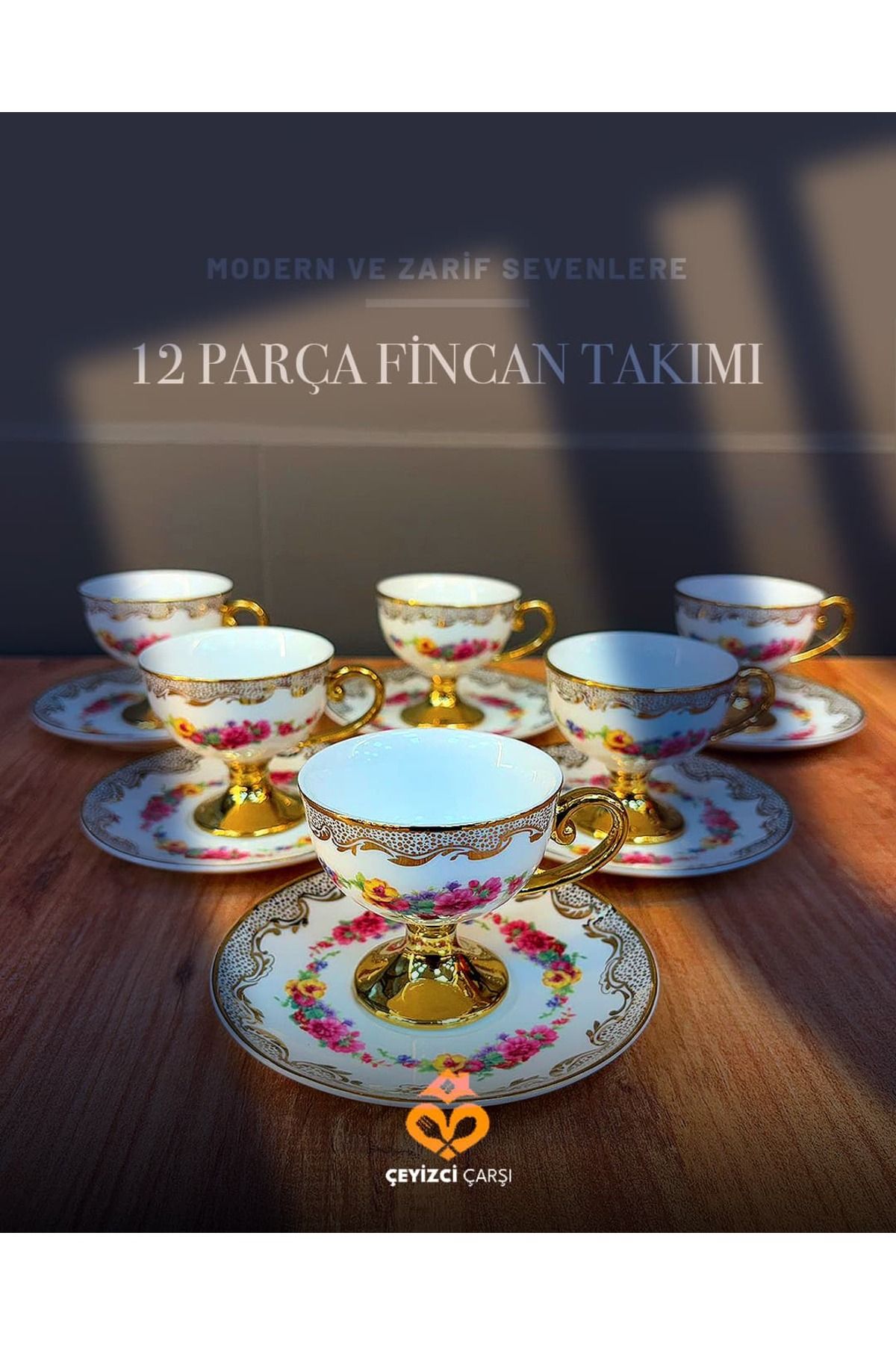 ÇEYİZCİ ÇARŞI ARADIĞIN HERŞEY TEK TIKLA 12 Parça Altın Yaldızlı Çiçek Desenli Kahve Fincan Takımı – Zarif ve Ayaklı Klasik Tasarım
