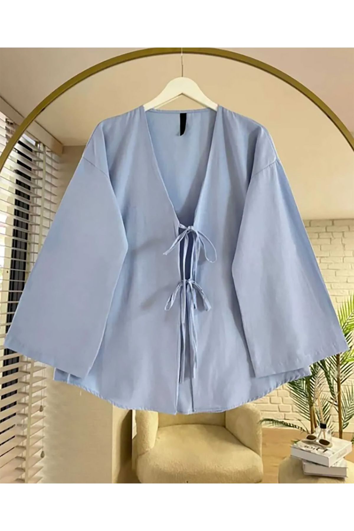 fumel women's clothing Önü Baglamalı Bebe Mavi Kimono Tunik