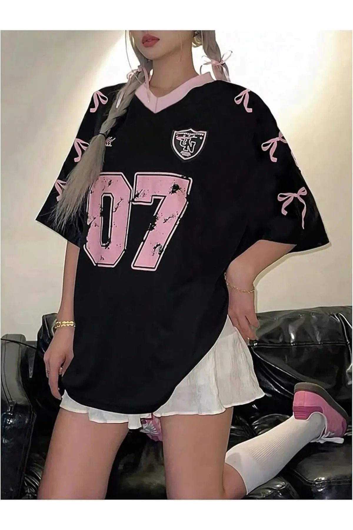 Gofeel Siyah Y2k Ribbon Ballet Oversize T-Shirt
